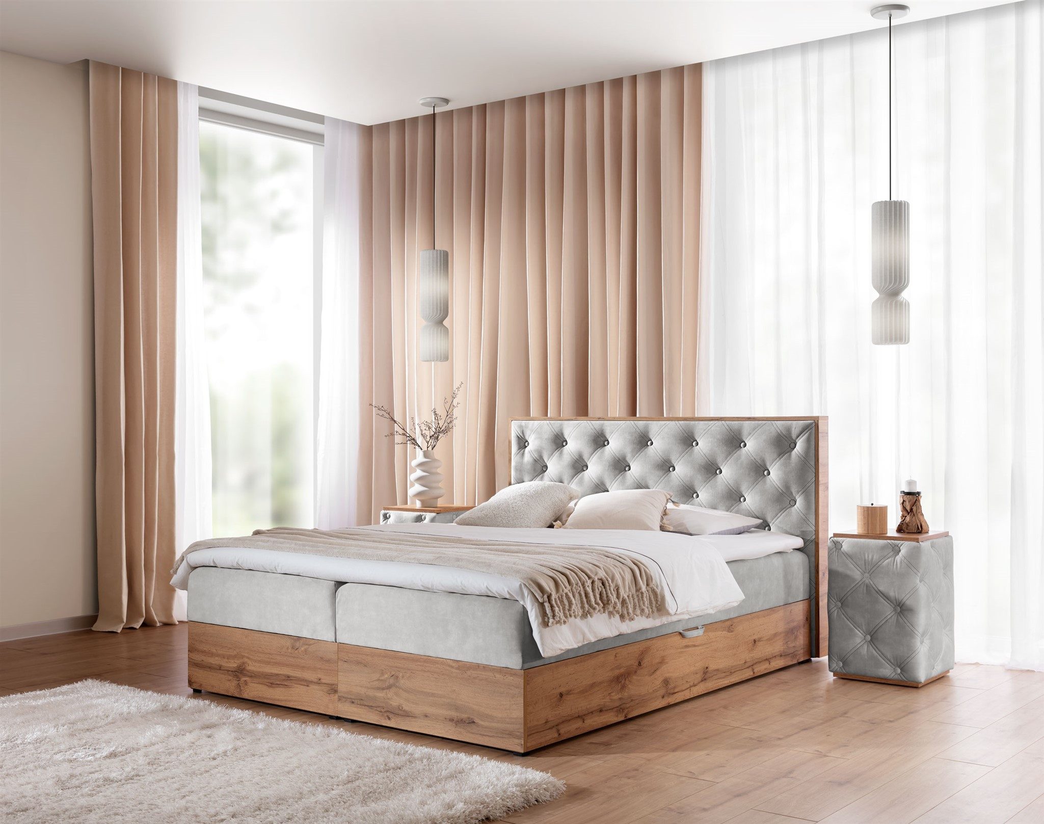 Fun Möbel Boxbett Schlafzimmerbett MAXIMO in Stoff Torre (inkl. Kaltschaumtopper), 2 Bettkästen, Artisan-Eiche-Optik