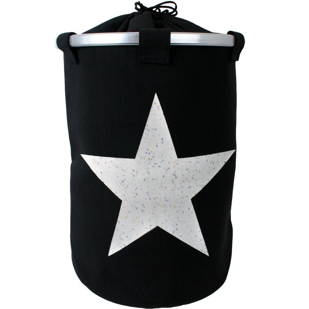 TE-Trend Wäschesortierer 60L Wäschesammler XXL Schmutzwäsche Korb schwarz Stern Optik (Öffnung mit Aluminiumring), faltbar, Stoffdeckel mit Zugband