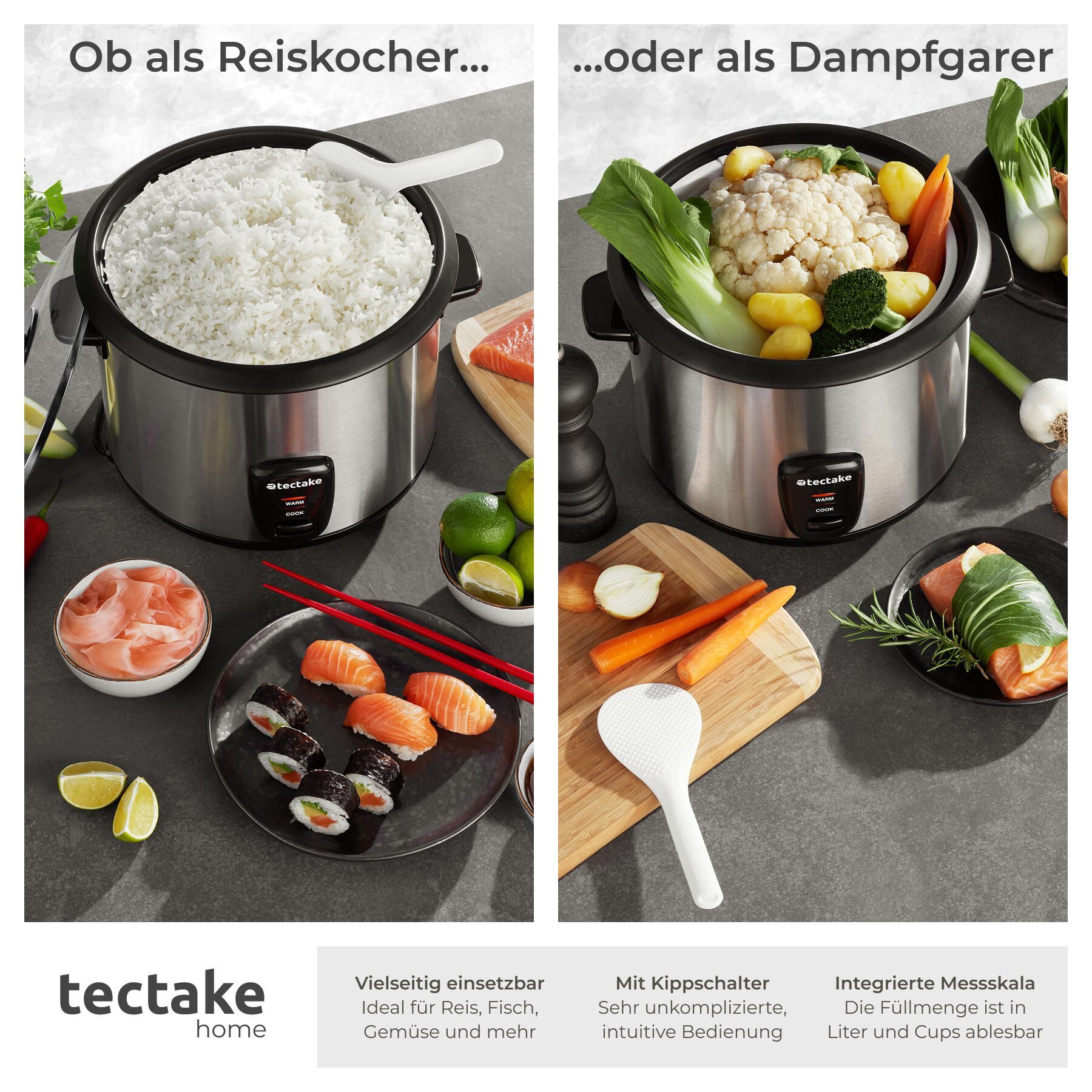 tectake Reiskocher Küchenmaschine, 31x27,5x25,5 cm, 1,8 l/10 Port., 700 W, 2-in-1: Topf entnehmbar/Dampfgareinsatz, warmhaltend, Griffe hitzefest