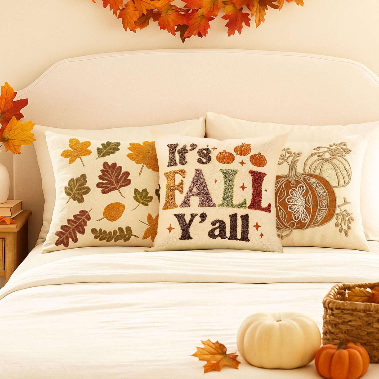 Sorvyzxn Kissenbezug 45x45 cm Herbstdeko, Kissenhülle mit 3D-Stickerei und Leinenoptik, (2 Stück), Ahornblatt Muster, Dekokissen Bezug für Sofa Wohnzimmer Schla – Bild 4 von 5