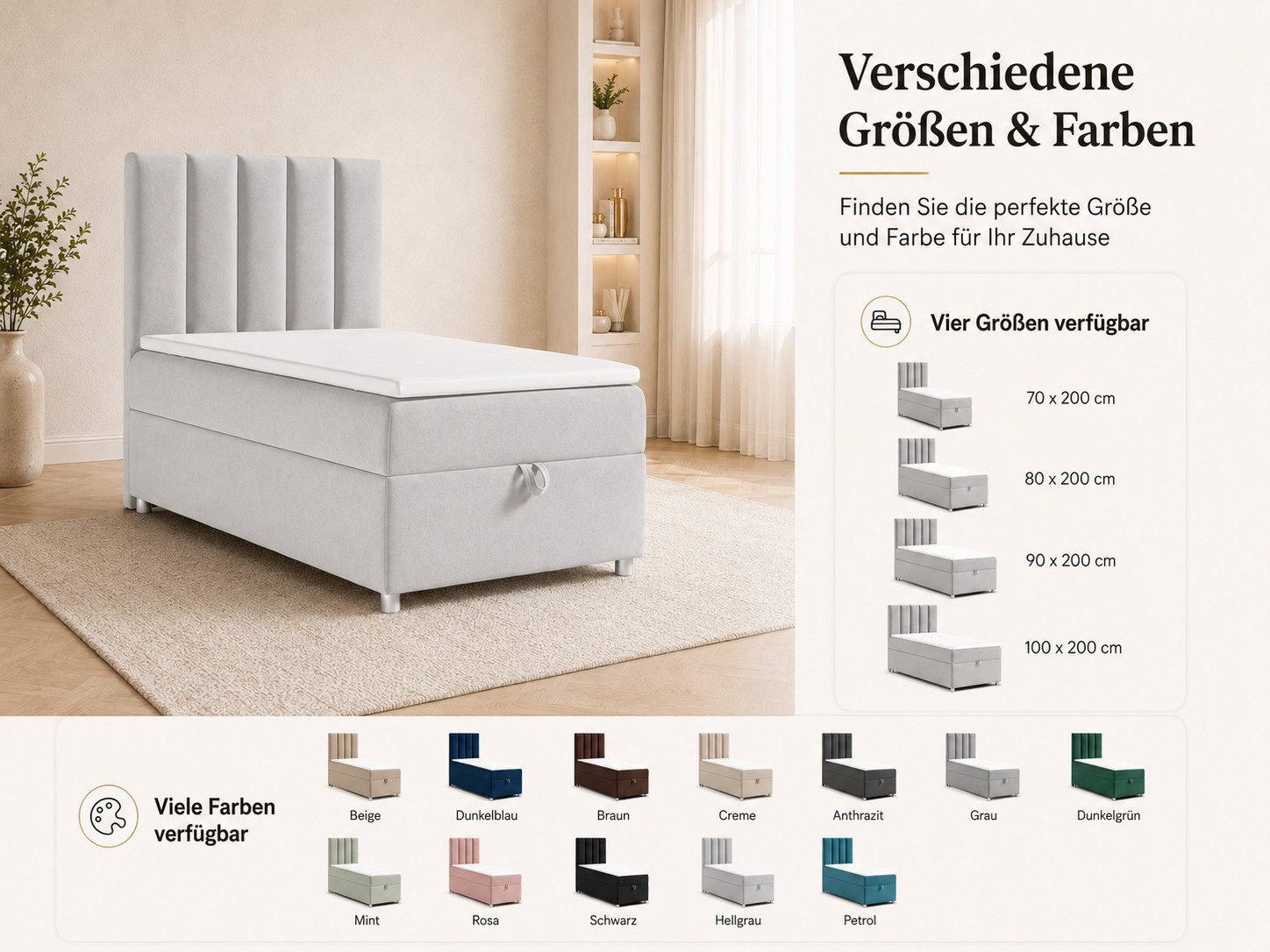 Best for Home Boxspringbett Trinity K10 SINGLE mit Bettkasten & Bonellfederkern, Komfort Topper H3 (Einzelbett, Polsterbett gepolstertes Kopfteil, Jugendbett, Kinderbett versch. Größen, 1-St., 70x200 80x200 90x200 100x200 cm), Stauraum unter dem Bett; Ergonomischer Schlafkomfort; Massivholzrahmen