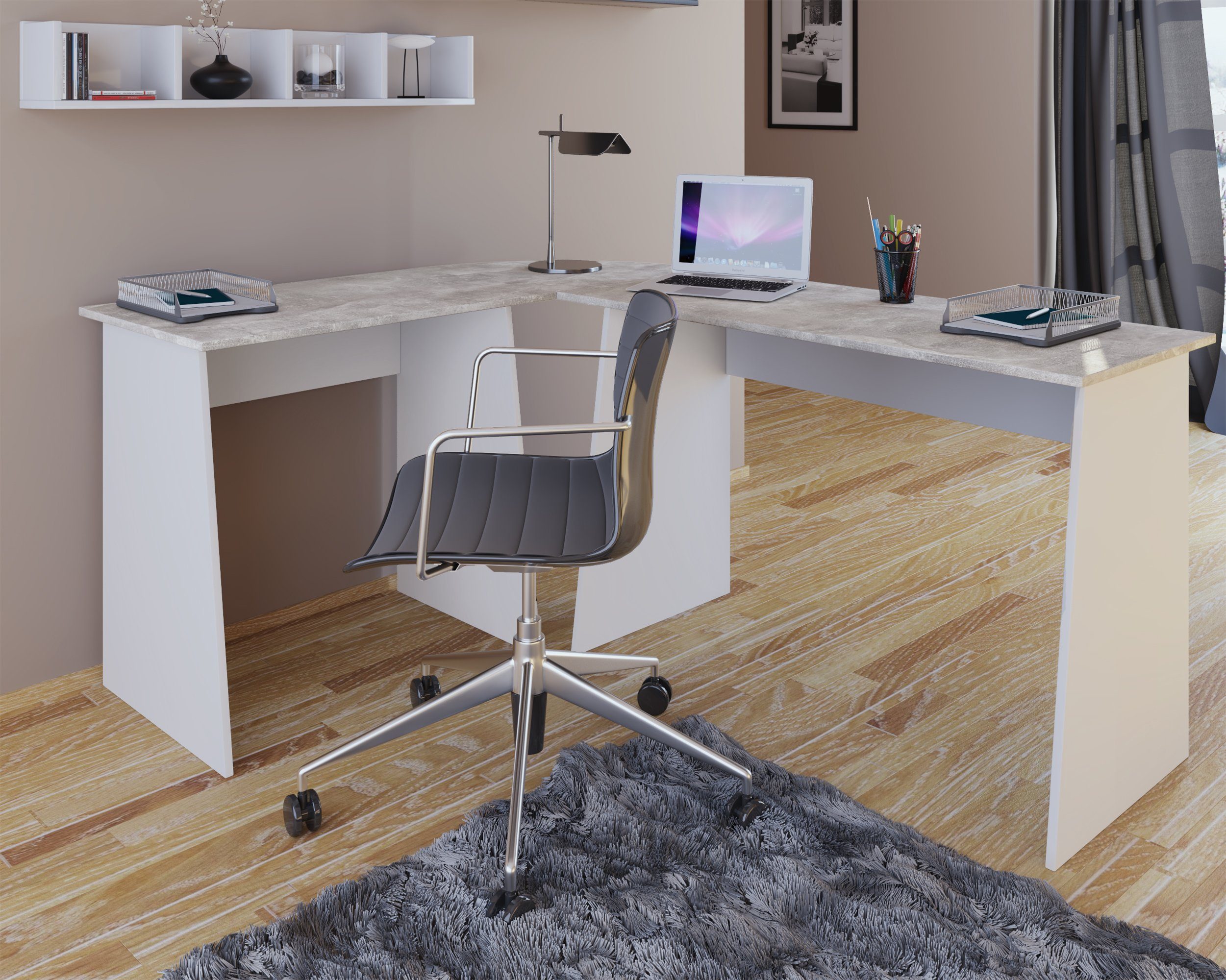 VCM Schreibtisch Eckschreibtisch Beton-Optik Masola Winkeltisch / Weiß Holz