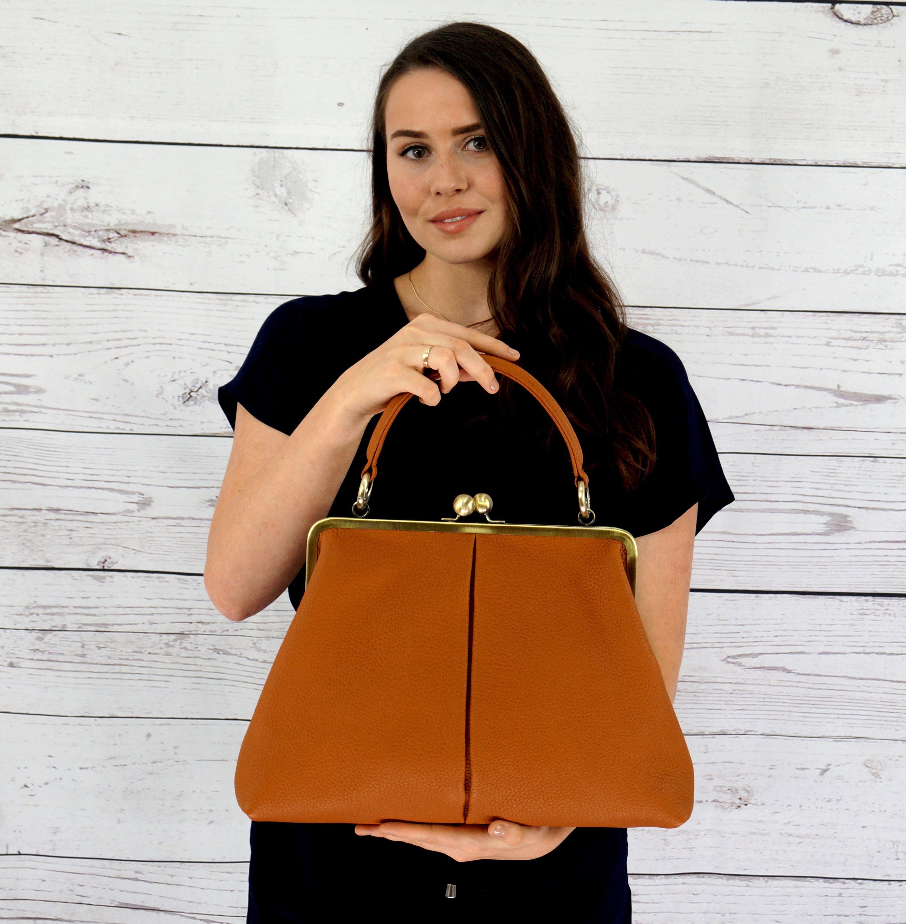Taschenkinder Henkeltasche Vintage Leder Handtasche "Olivia", Echtes Leder, Tasche im Vintage Stil und mit Bügelverschluss