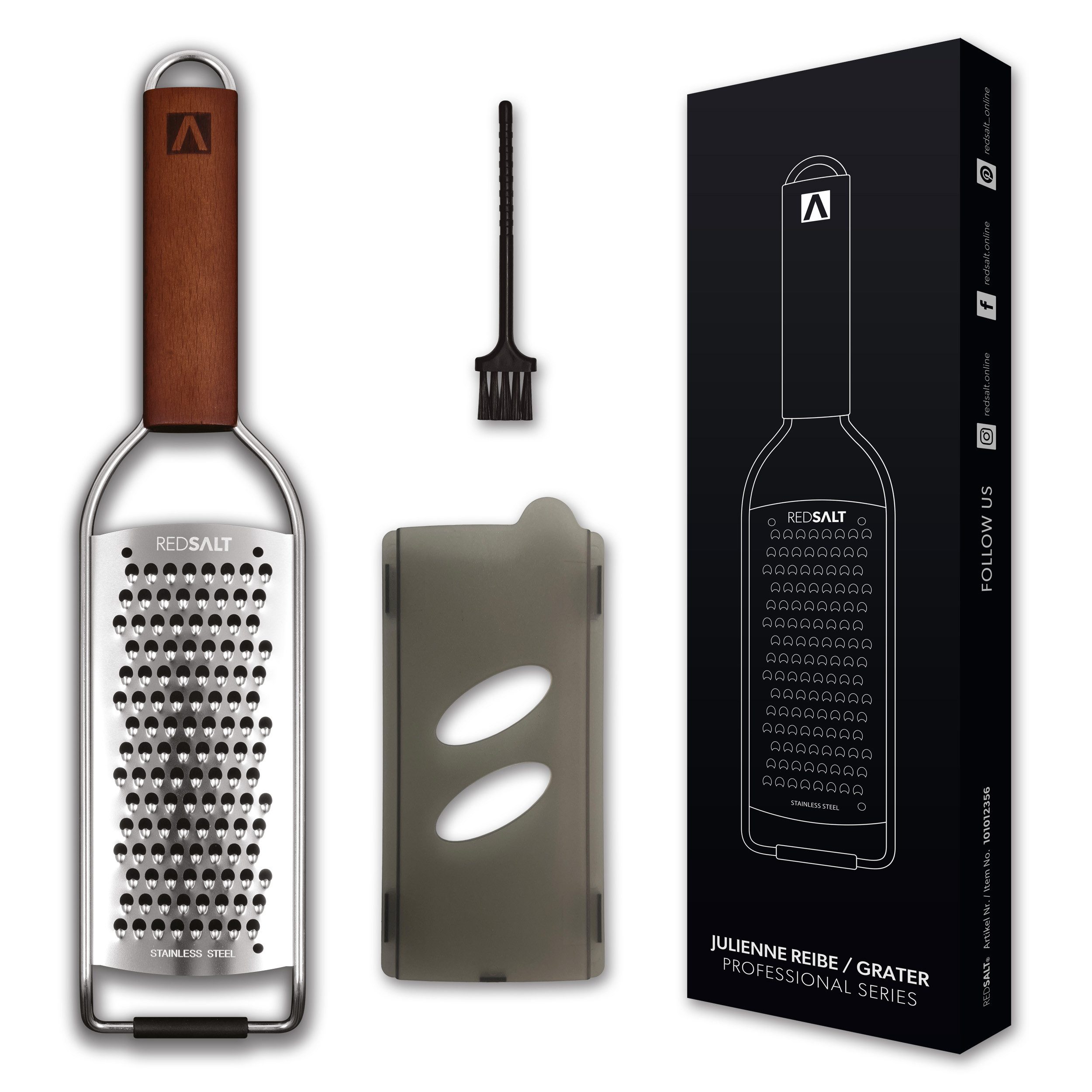REDSALT® Küchenreibe Parmesanreibe mit Holzgriff rasiermesserscharf, Julienne Reibe, Feine rostfreie Edelstahl Klinge in INOX 18/10 Qualität