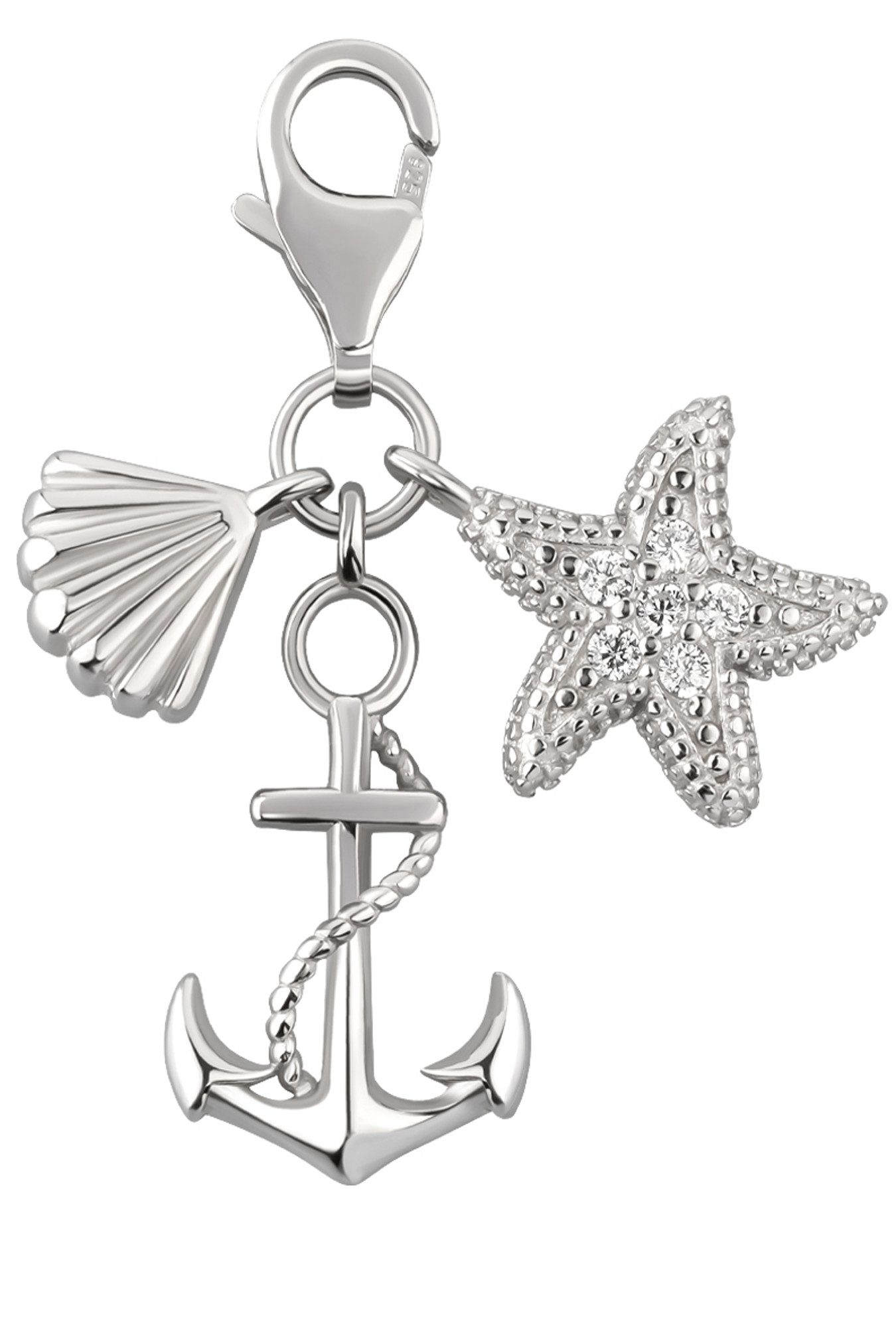 Limana Charm Anker Seestern Anker Muschel 925 Silber Karabiner Anhänger (inkl. Herz Gravur Dose), Geschenk Idee Kettenanhänger Armbandanhänger