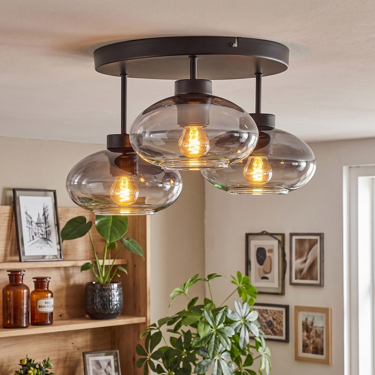 hofstein Deckenleuchte moderne Deckenlampe aus Metall/Glas in Schwarz/Rauchfarben, ohne Leuchtmittel, Leuchte mit Schirmen aus Rauchglas (18,5 cm), 3 x E27 – Bild 3 von 5