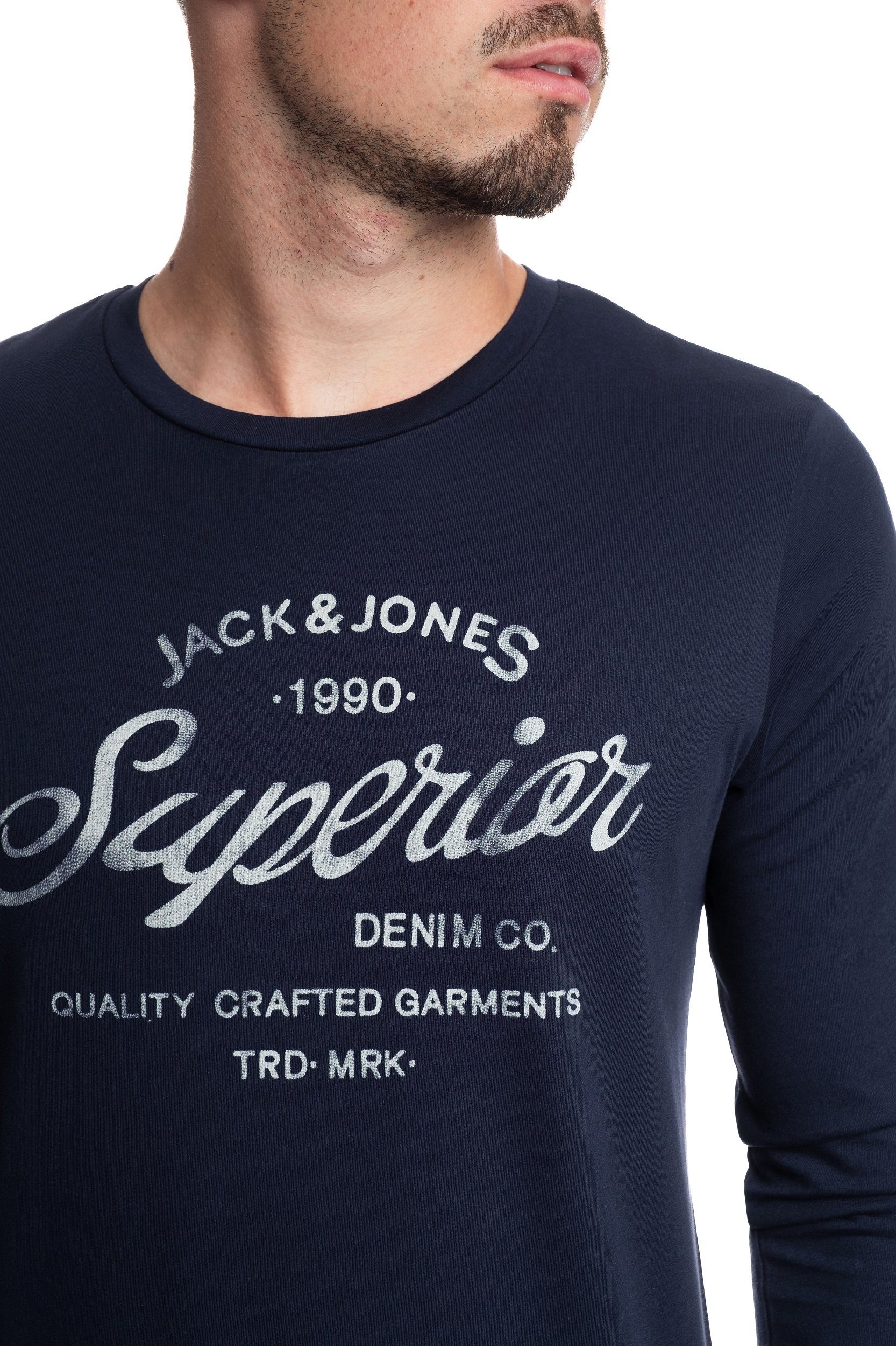 Jack & aus Print vorne Baumwolle, Jones Langarmshirt Navy-White mit