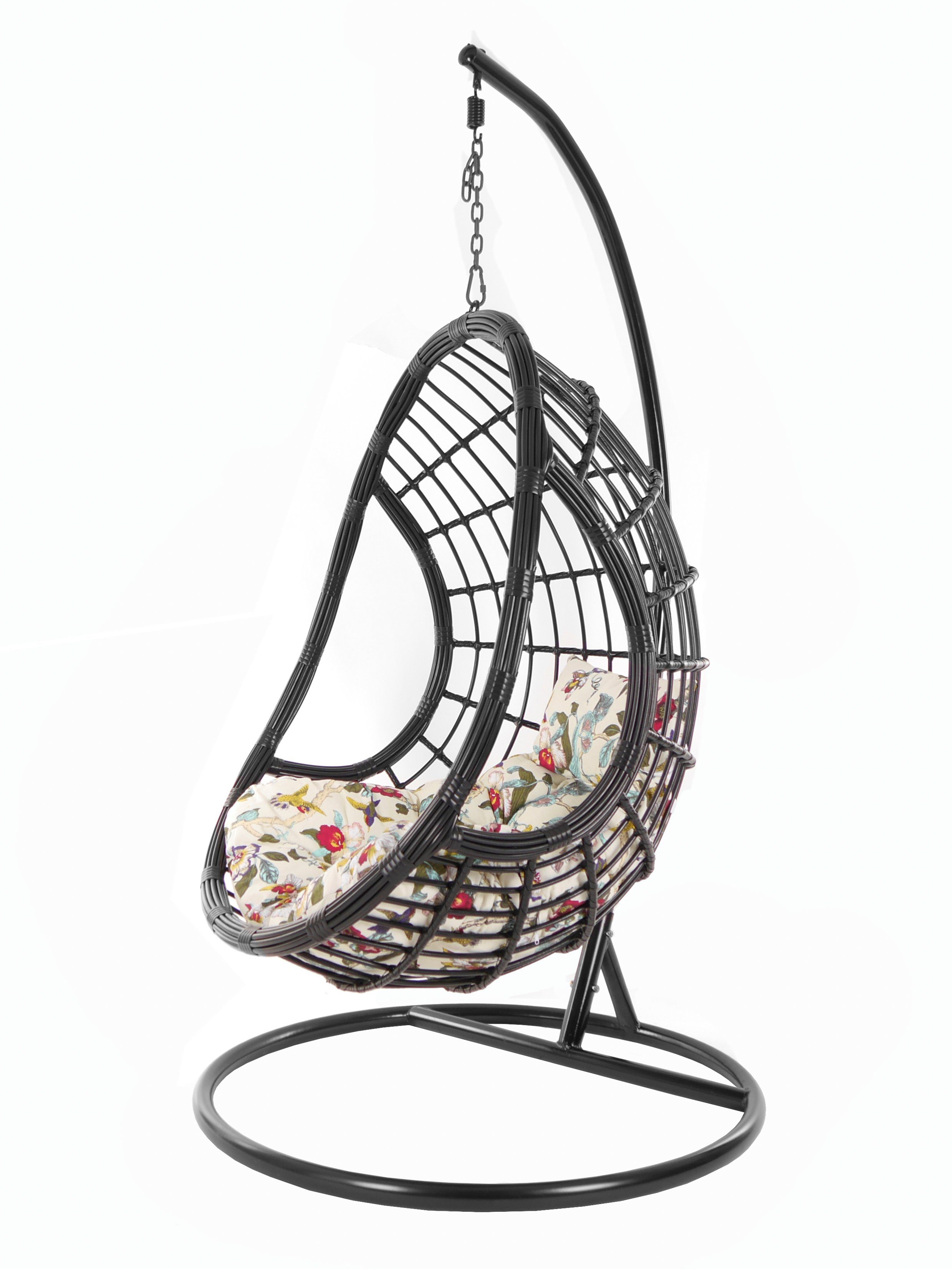 KIDEO Hängesessel PALMANOVA black, Swing Chair, schwarz, Loungemöbel, Hängesessel mit Gestell und Kissen, Schwebesessel, edles Design elfenbein gemustert (0056 ivory birds)