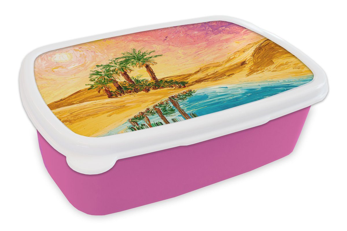 MuchoWow Lunchbox Gemälde - Öl - Palme - Natur - Wasser, Kunststoff, (2-tlg), Brotbox für Erwachsene, Brotdose Kinder, Snackbox, Mädchen, Kunststoff rosa