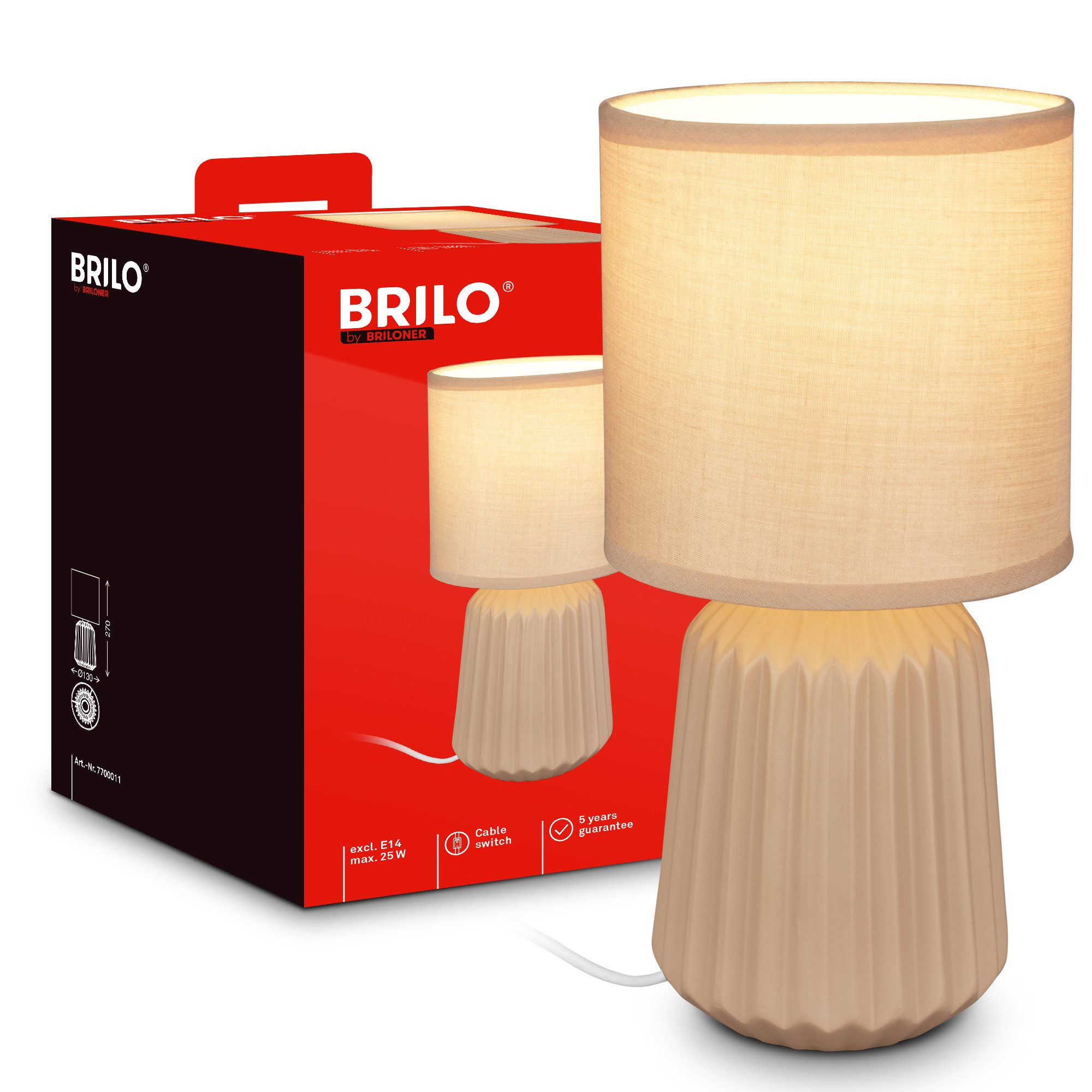 Briloner Leuchten LED Tischleuchte Tischlampe Keramik E14 Stoffschirm Kabelschalter Kommodenlampe, ohne Leuchtmittel, Abhängig vom Leuchtmittel, 13x27 cm, Schlafzimmer, Wohnzimmer, Flur