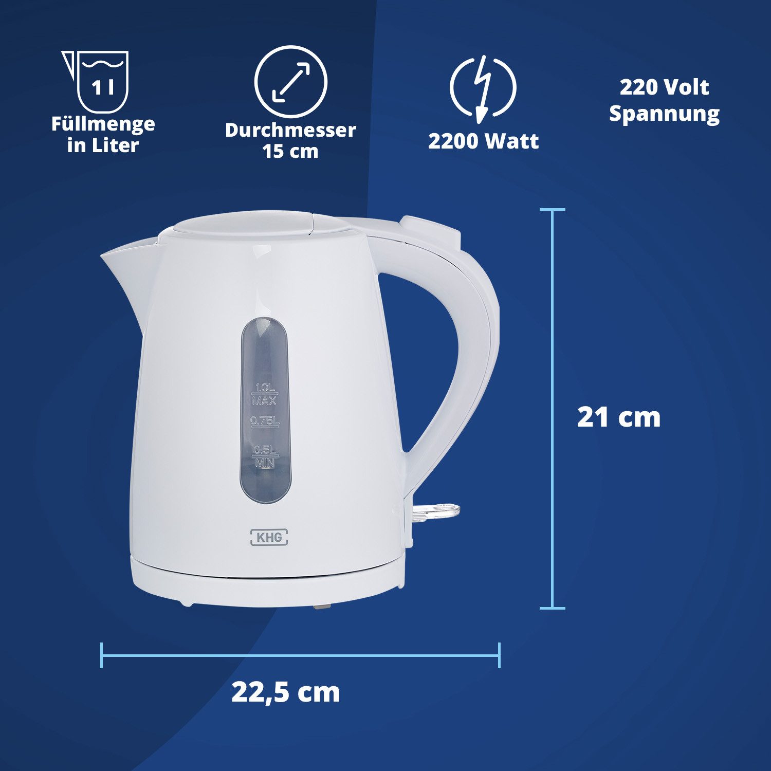 KHG Wasserkocher WK-100W aus Kunststoff weiß, 1 Liter Fassvermögen, Abschaltautomatik, 1 l
