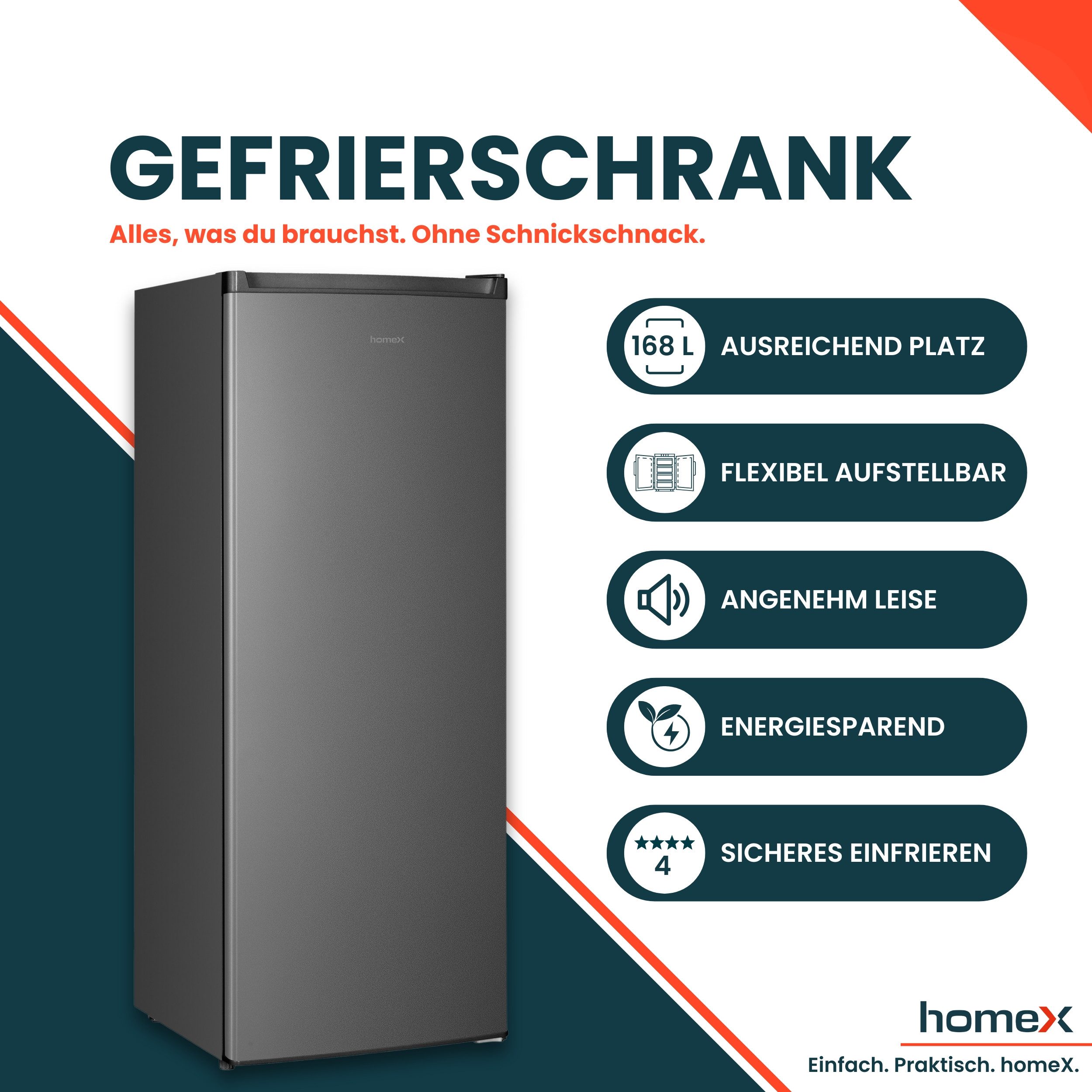 homeX Gefrierschrank FS1682E-S, 142.5 cm hoch, 54.5 cm breit, 168 Liter, Tiefkühlschrank groß, Freezer, 4-Sterne Gefrieren, leise