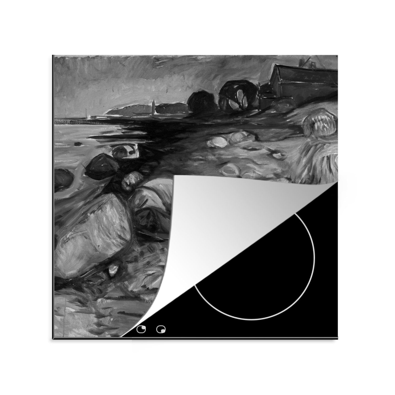 tlg), MuchoWow Edvard 78x78 Vinyl, Bank Arbeitsplatte Munch, küche für Ceranfeldabdeckung, Haus mit cm, (1 rotem - Herdblende-/Abdeckplatte