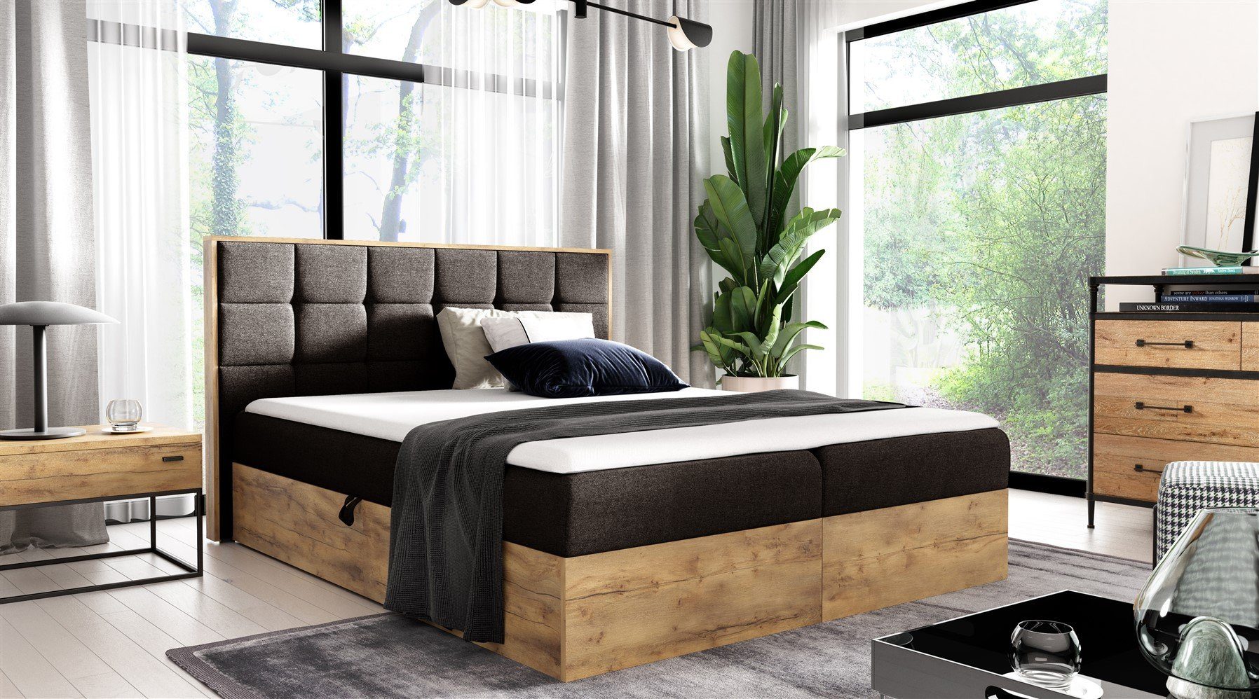 Fun Möbel Boxbett Schlafzimmerbett KALYPSO in Stoff Faro (auch in Überlänge erhältlich, inkl. Kaltschaumtopper und Bettkästen), Rahmen des Bettes in Artisan Eichen-Optik