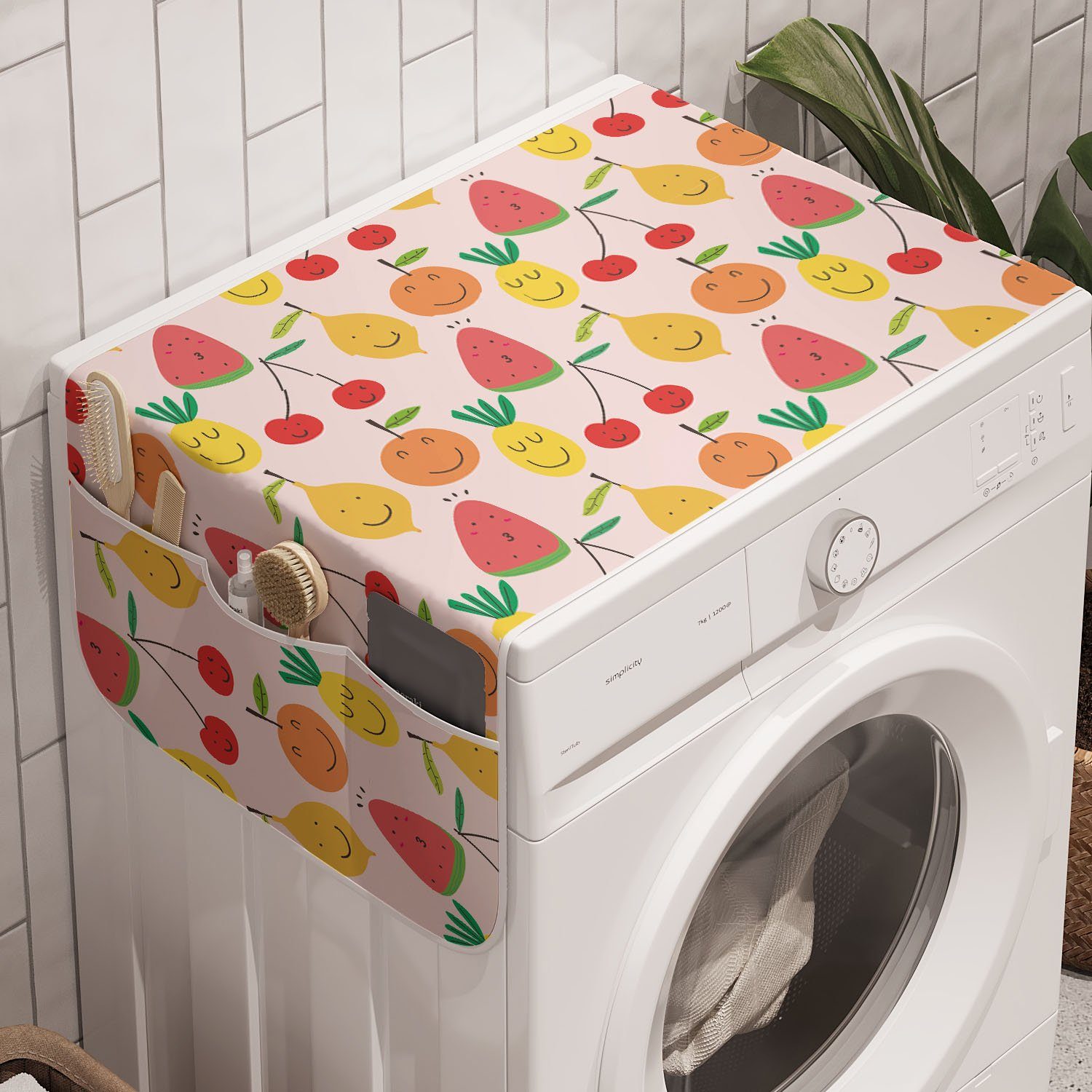 Abakuhaus Badorganizer Anti-Rutsch-Stoffabdeckung für Waschmaschine und Trockner, Früchte Lächeln Kirschorange Melone