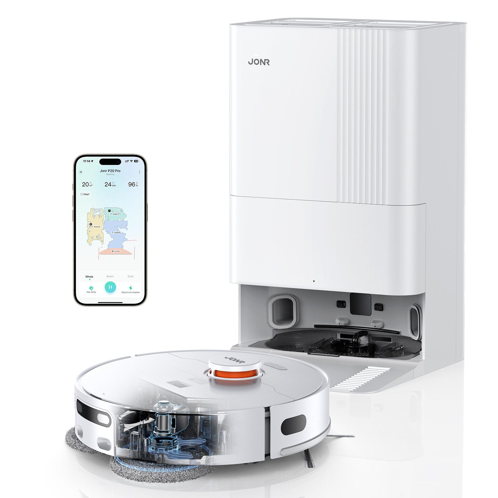 JONR Saugroboter P20 PRO mit Wischfunktion, Dynamische Mopp-Erweiterung, 50,00 W, 8000Pa All-in-One Reinigungsstation Nass Trocken Saugroboter, Intelligente Auto Mopp Hebefunktion, 8mm Auto Mop Anhebung, Adaptive Kantenreinigung, Heißlufttrocknung