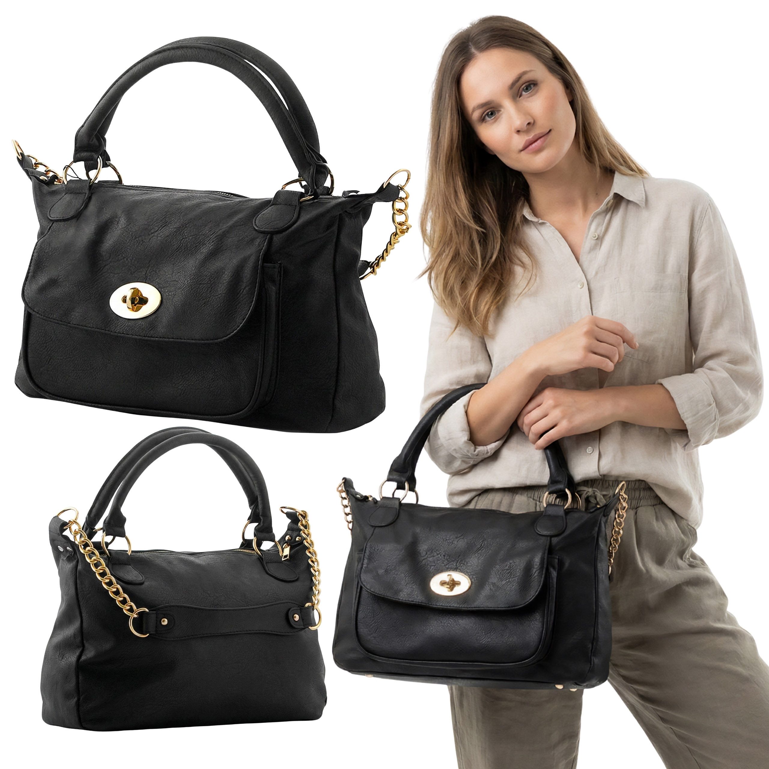 Sarcia.eu Umhängetasche Elegante schwarze Damen-Shopper-Tasche mit Kette