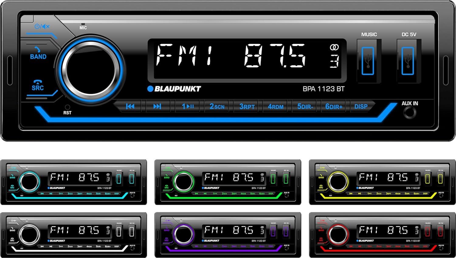 Blaupunkt Blaupunkt BPA 1123 BT 1-DIN Autoradio, BT, USB, Aux-Eingang 4x50W Autoradio (RDS (Radio Data System), PTY (Programme Type), TA (Traffic Announcement), AF (Alternative Frequency), AM/FM-Tuner, Ext. Mikrofon, Sub-Out, Multicolour-Licht, geringe Einbautiefe)