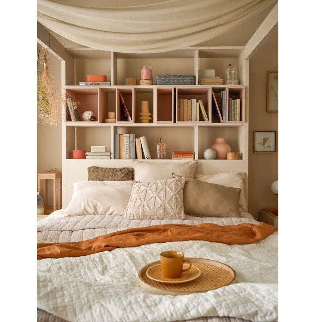 QMM TraumMöbel Himmelbett Calgary 160x200 sandbeige mit Lattenrost 2 Bettkasten, Regal (Einzelnes Möbelstück, 1-tlg., Bett), mit Bettkasten und integriertem Bücherregal