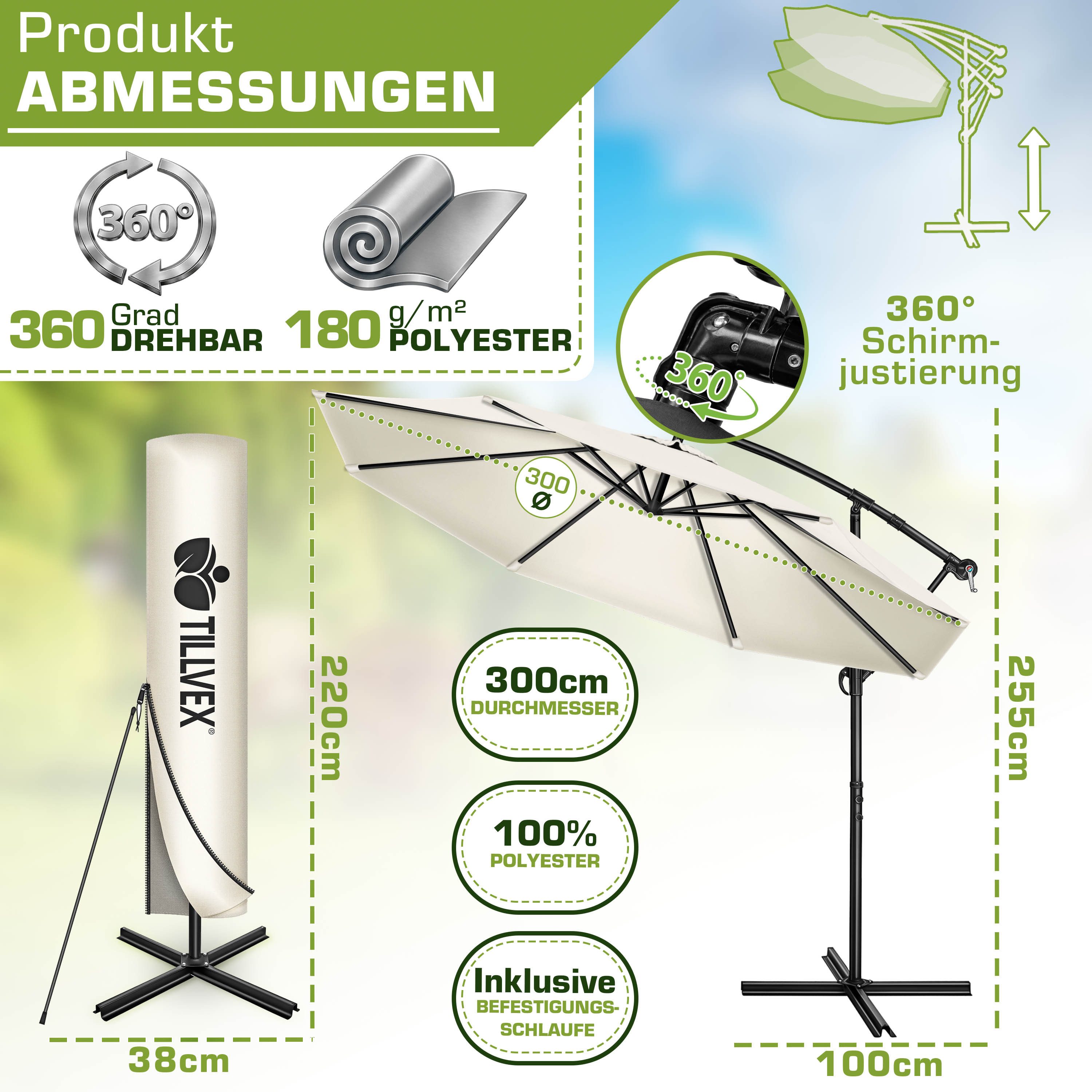tillvex Sonnenschirm 300-350 cm Kurbel Ampelschirm mit Ständer, Abdeckung & Windsicherung, Gartenschirm UV-Schutz Aluminium – Bild 2 von 5