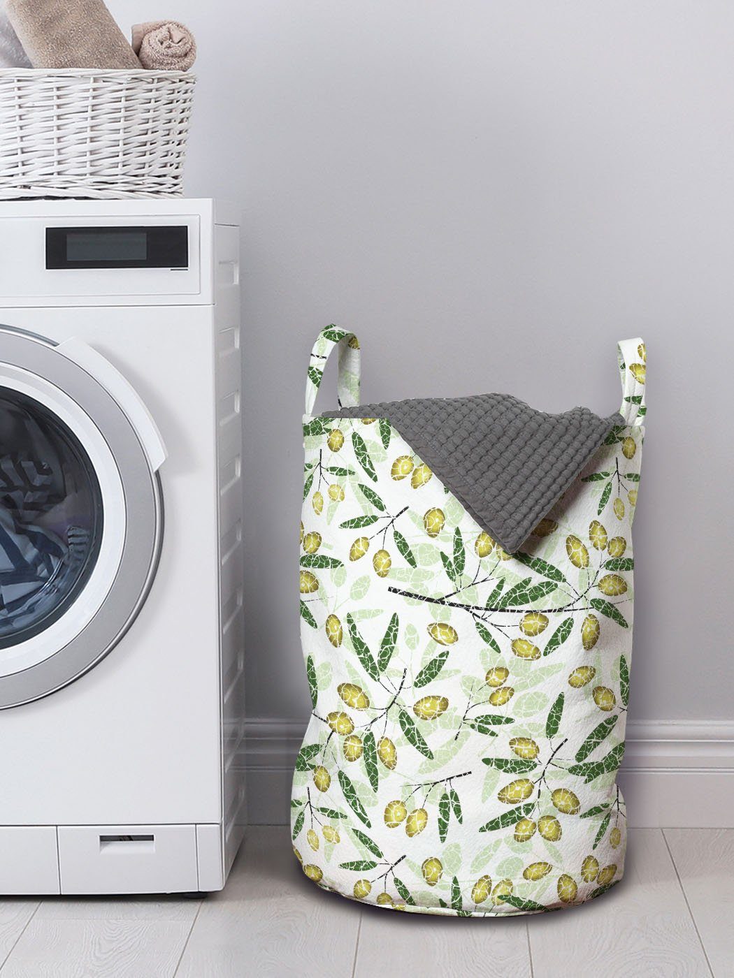 Abakuhaus Wäschesäckchen Wäschekorb mit Waschsalons, Botanik Blättern Zweige Kordelzugverschluss Griffen mit Olive für