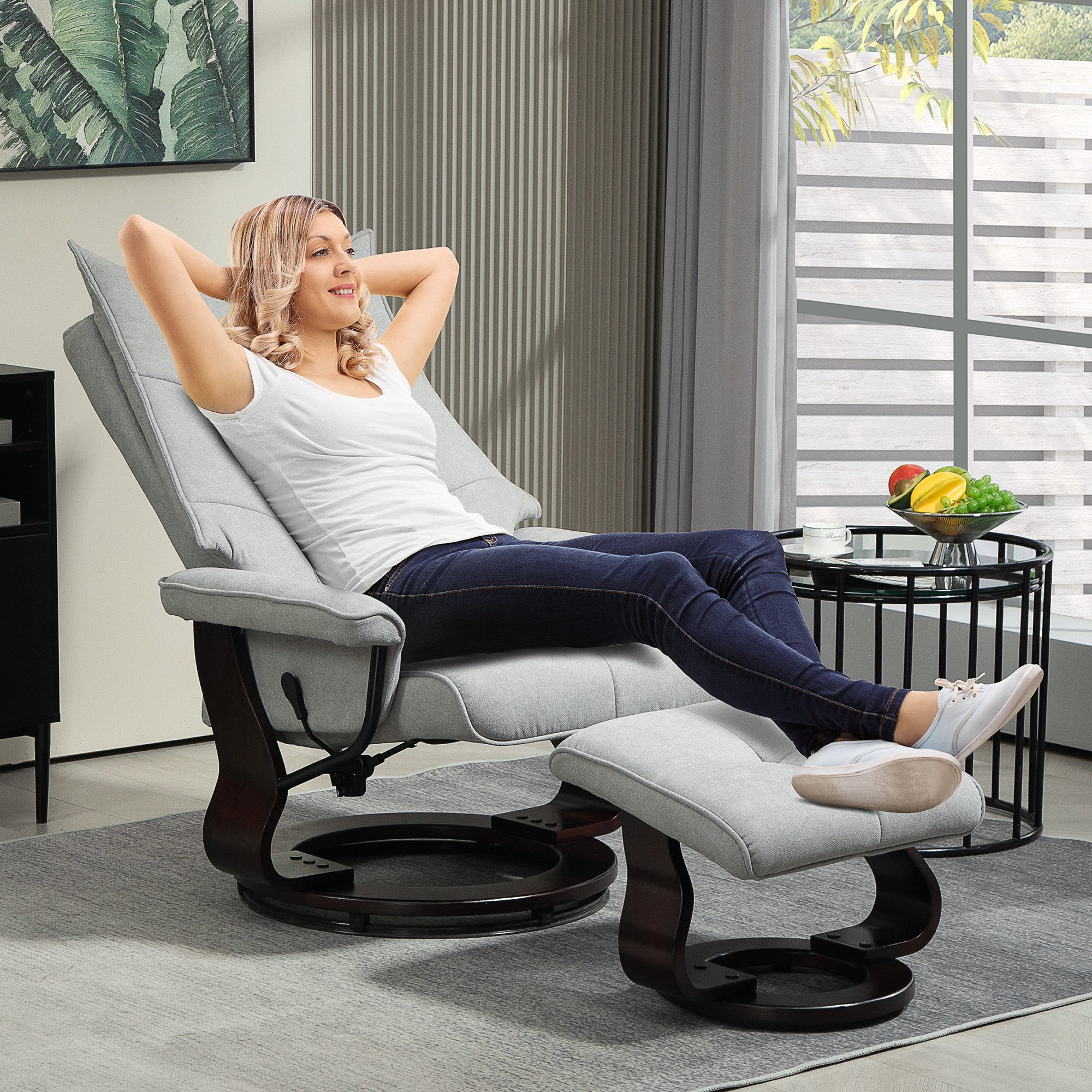 HOMCOM Relaxsessel Fernsehsessel mit Hocker, Liegesessel, hohe Rückenlehne (Drehbar Fernsehsessel, 2-St., Liegesessel), Samtoptik, für Wohnzimmer, Schlafzimmer, Grau