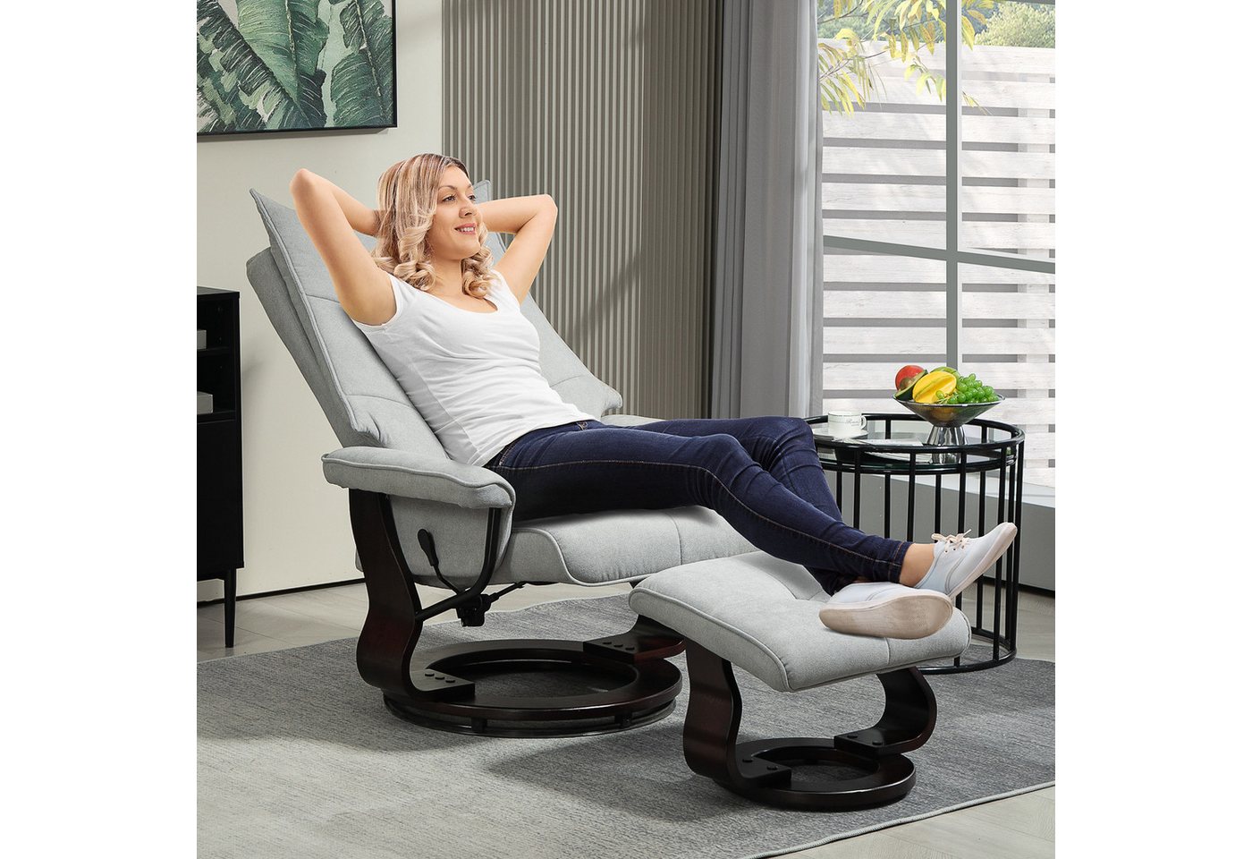 HOMCOM Relaxsessel Fernsehsessel mit Hocker, Liegesessel, hohe Rückenlehne (Drehbar Fernsehsessel, 2-St., Liegesessel), Samtoptik, für Wohnzimmer, Schlafzimmer, Grau