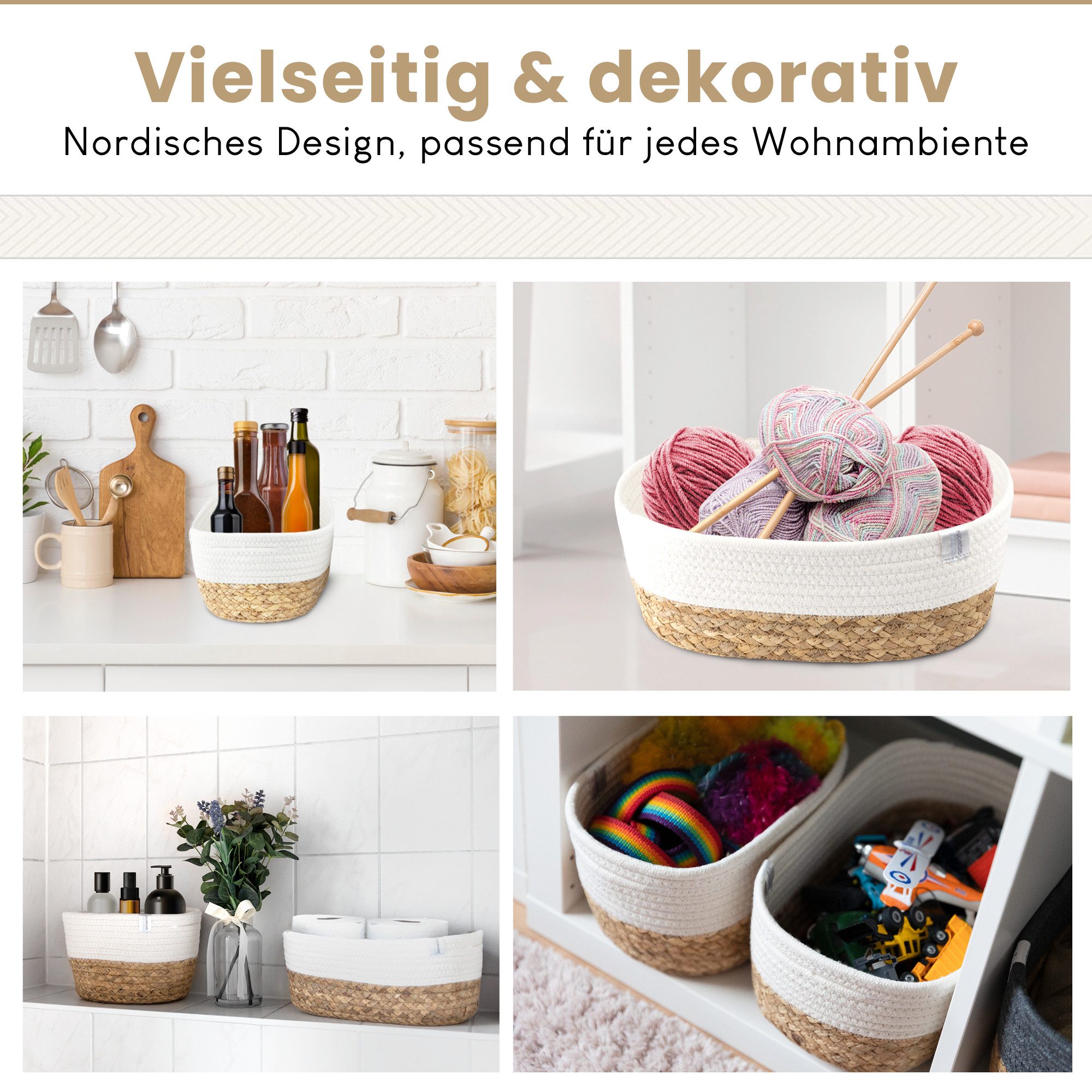 NORDIS DESIGN Aufbewahrungskorb Set "Alina" aus natürlicher Baumwolle und Wasserhyazinthe, (3er-Set), Dekokorb geflochten für Bad, Babyzimmer und Schlafzimmer