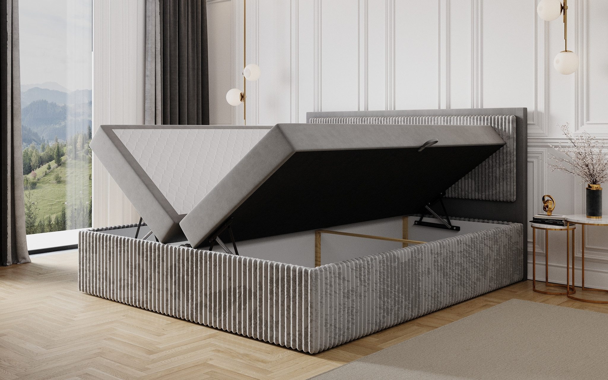 Fun Möbel Boxbett Schlafzimmerbett HIDIS Stoff Vito (200cm Länge, erhältlich auch in der Überlänge 220cm), Inkl. 2 x Bettkasten und Topper