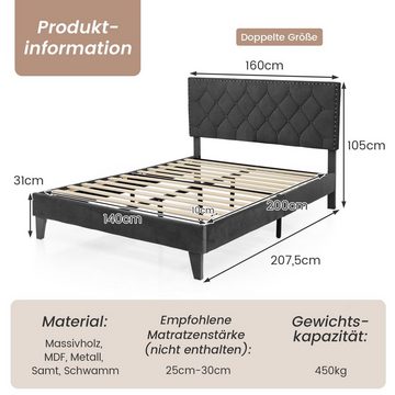 COSTWAY Bettgestell, mit Lattenrost & Kopfteil, 140 x 200 cm, ohne Matratze