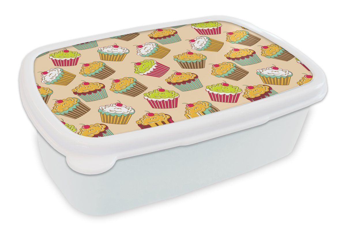 MuchoWow Lunchbox Muster - Lebensmittel - Cupcake, Kunststoff, (2-tlg), Brotbox für Kinder und Erwachsene, Brotdose, für Jungs und Mädchen weiß