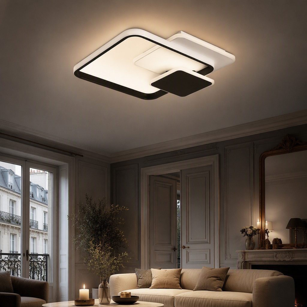 BlingBin LED Deckenleuchte dimmbar im 3Quadrat-Design, 35 W, Deckenlampe mit Bluetooth-App, 3Quadrat-Design, LED fest integriert, Warmweiß, Kaltweiß, Neutralweiß, 38,5 cm, weiß/Schwarz für Wohnzimmer, Schlafzimmer, Esszimmer
