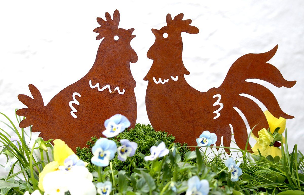 LB H&F Lilienburg Gartenfigur 2er SET Hahn Huhn Hühner Henne Gockel Gartendeko Gartendekoration, (Gartenfigur Dekofigur Deko Garten Geschenk Muttertag Stecker Metall Metallstecker Gartenstecker Tier Beetstecker Tierfigur Frühling Deko rostig Roststecker E