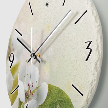 Kreative Feder Wanduhr Wanduhr „Birnbaum-Blüten“ aus Stein (Keramik) in Schiefer-Optik (ohne Ticken; Funk- oder Quarzuhrwerk; ⌀ 30cm; außergewöhnlich)