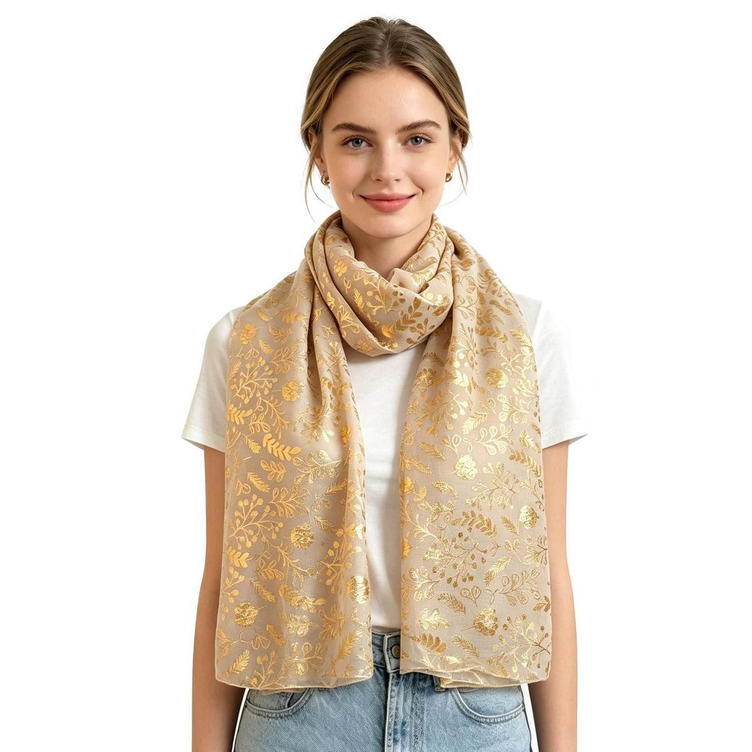 LuxusKollektion Kopftuch Schal Hijab Glitzer Blumenmuster Beige, (1-St)