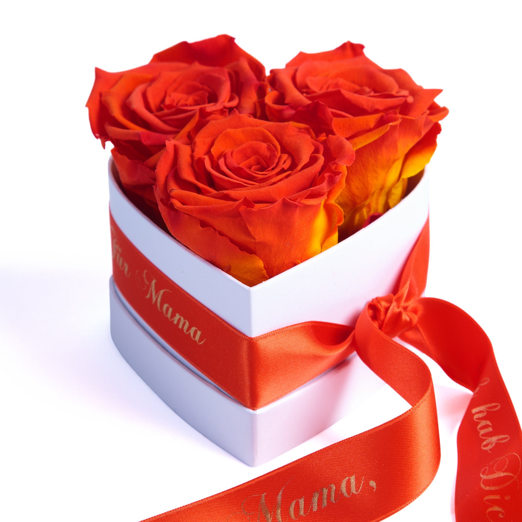 Kunstblume Rosenbox Herz 3 Infinity Rosen Mama, ich hab Dich lieb Geschenk Rose, ROSEMARIE SCHULZ Heidelberg, Höhe 10 cm, echte Rosen haltbar bis zu 3 Jahre Orange