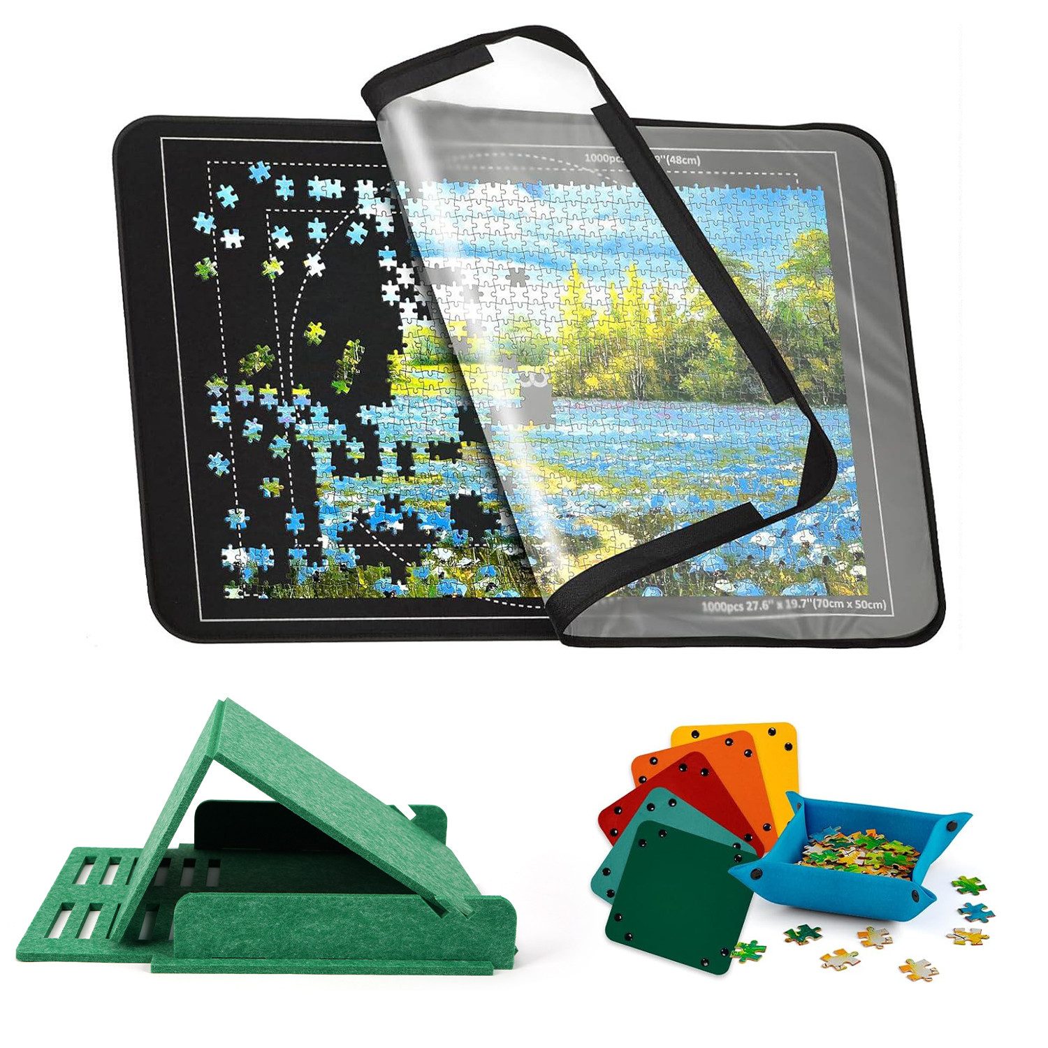OSTWOLKE Puzzleunterlage Puzzlebrett mit 6 Sortierschalen, 2-in-1 Puzzleständer & Abdeckung, für 1000 Teile