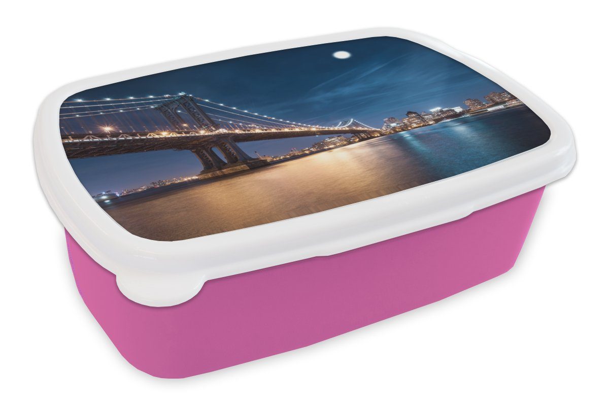 MuchoWow Lunchbox New York - Brooklyn-Brücke - Mond, Kunststoff, (2-tlg), Brotbox für Erwachsene, Brotdose Kinder, Snackbox, Mädchen, Kunststoff rosa