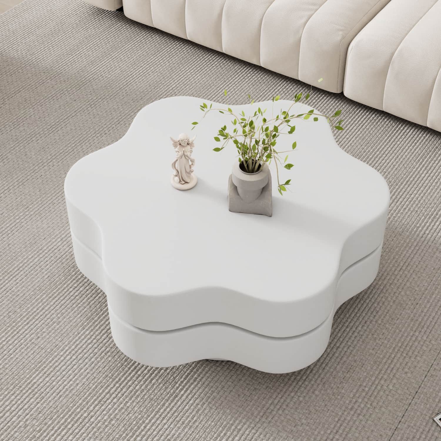 ANYSUN Couchtisch Blumenform 360° Drehbar Ausziehbare Tischplatte mit 2 Ablageebenen (1-St Sofatisch,Wohnzimmertisch), Kompakt Beistelltisch für kleine Wohnung,Cremeweiß,74,8x67.5x31cm