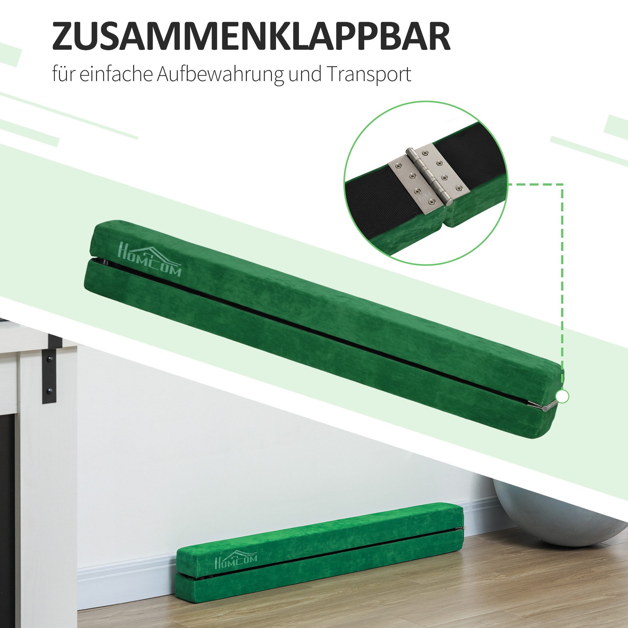 HOMCOM Balancetrainer 210 cm Schwebebalken klappbar Turnbalken Indoor Outdoor, bis 120 kg, 210 x 10 x 6,5 cm, Grün