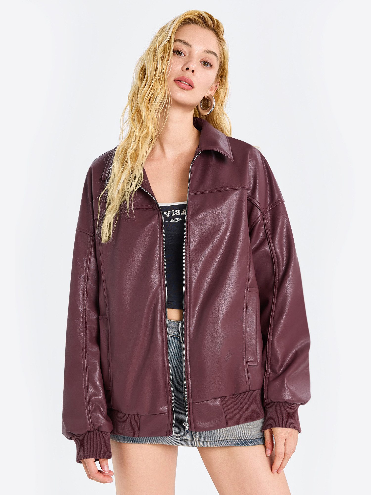 Imily Bela Lederjacke Damen Lässige Motorradjacken (Packung, 1-St., 1per-Pack) Volltonfarbe