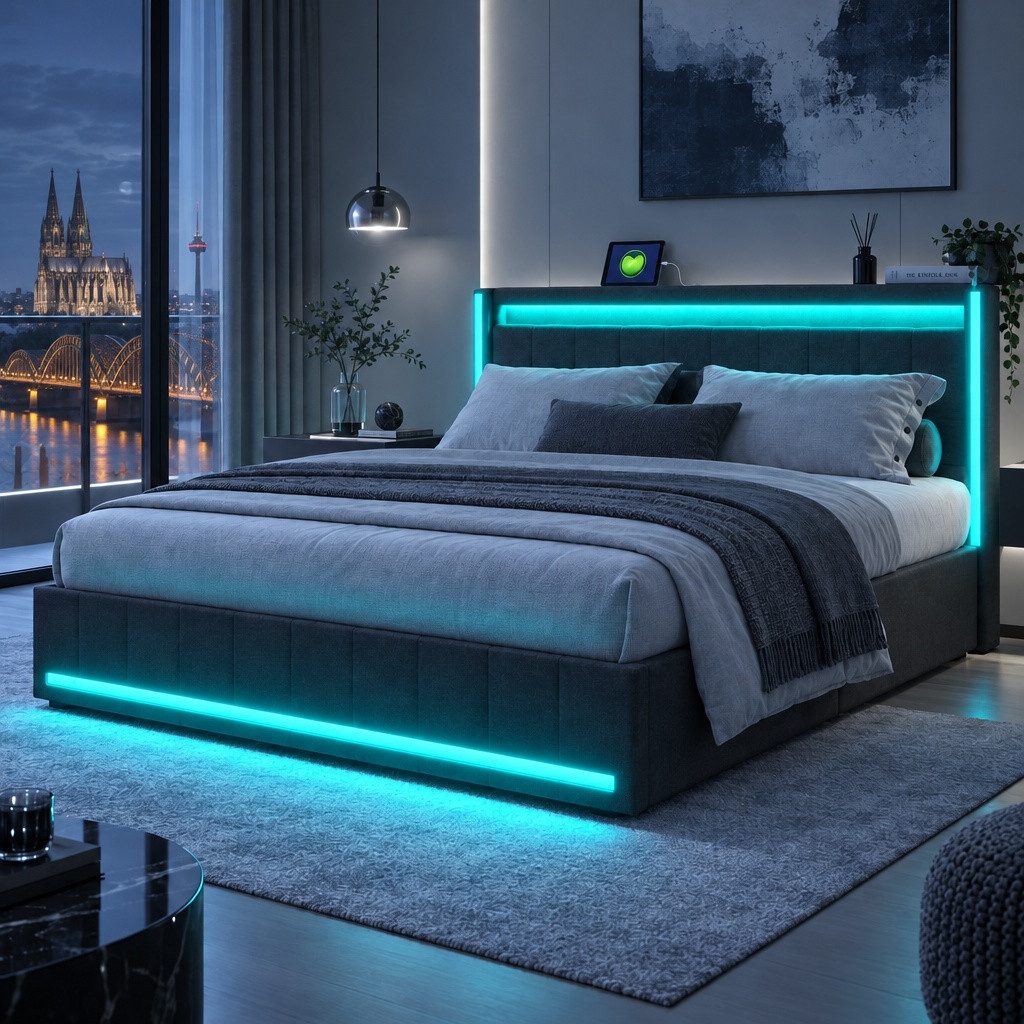 PXloue Polsterbett LED-Bett mit Stauraum und Ladeanschluss (Geeignet für Jugendliche und Erwachsene), Fernbedienung für LED-Farben und …