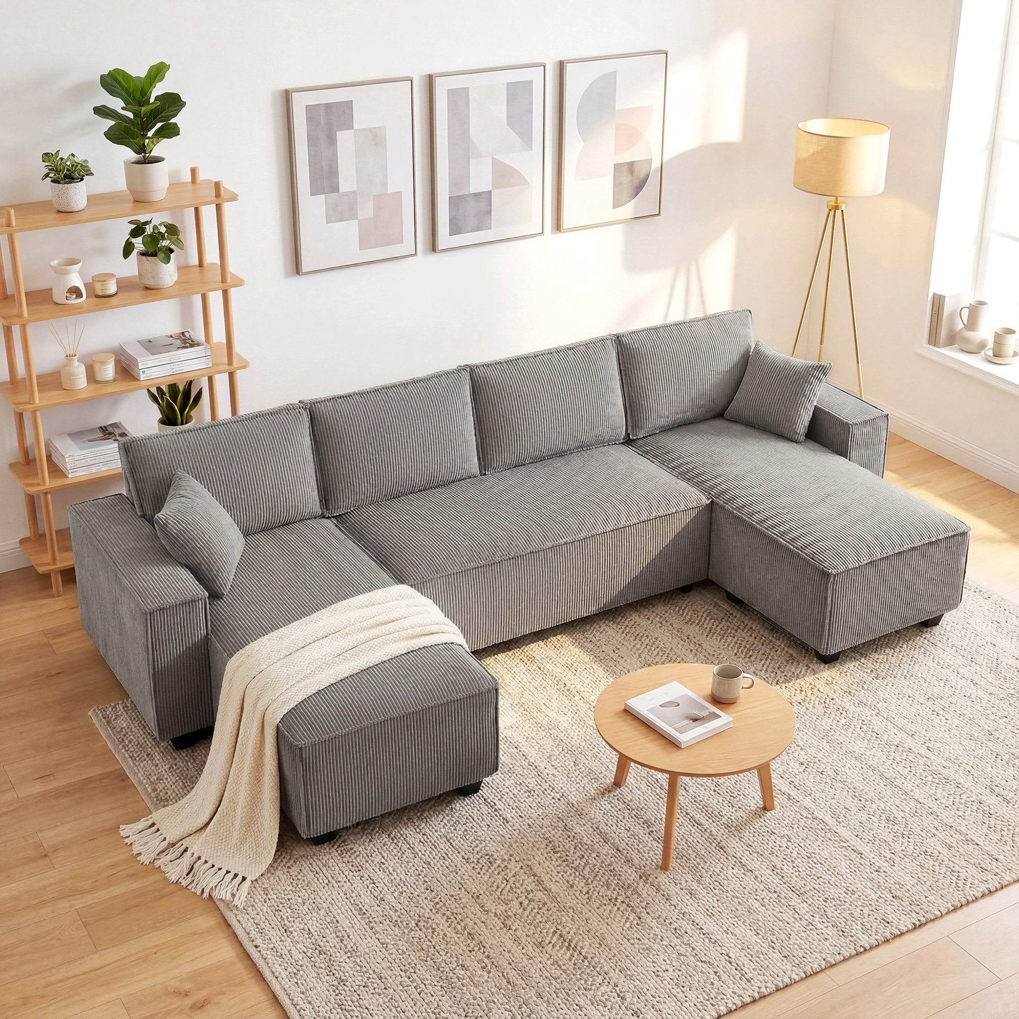 HOMCOM Ecksofa Sofa 4 Sitzer mit Doppel-Chaiselongues, aus Cordstoff, Hellgrau, Couch 1 Teile, mit breitem und tiefem Sitz, breiten Armlehnen