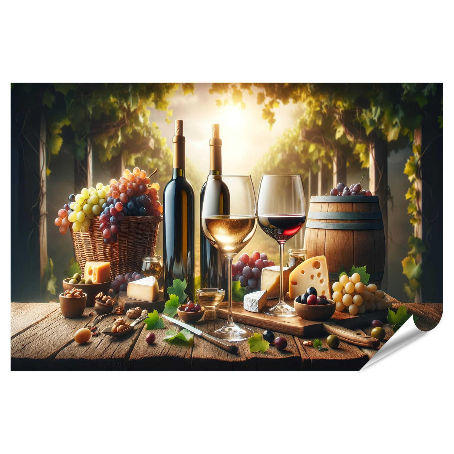 Poster Stilleben mit Weinprobe - Gläser und Flaschen auf Holztisch, Fass und