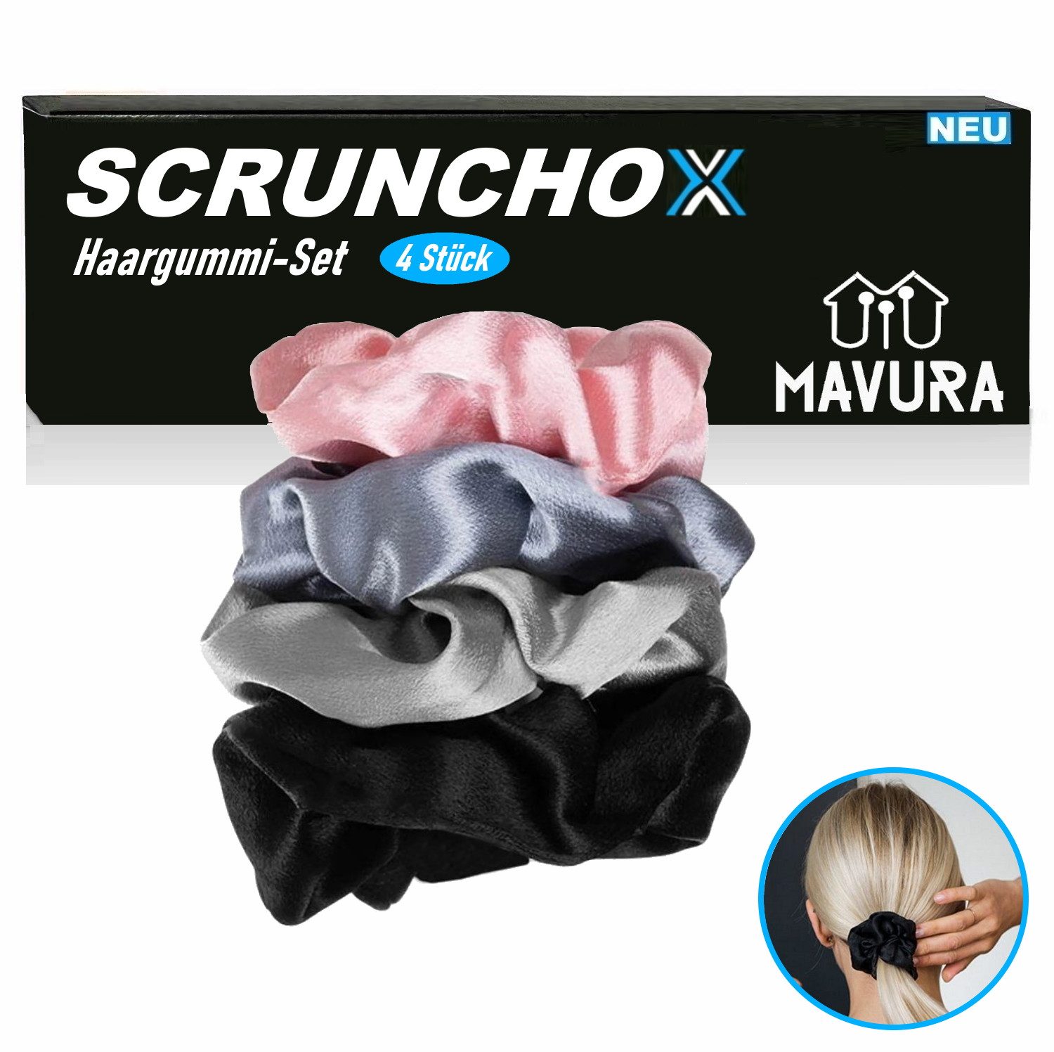 MAVURA Haargummi SCRUNCHOX Zopfhalter Scrunchies Set Haarband, Стрічка для волосся Zopfgummi Zopfband elastisch [4er Set]