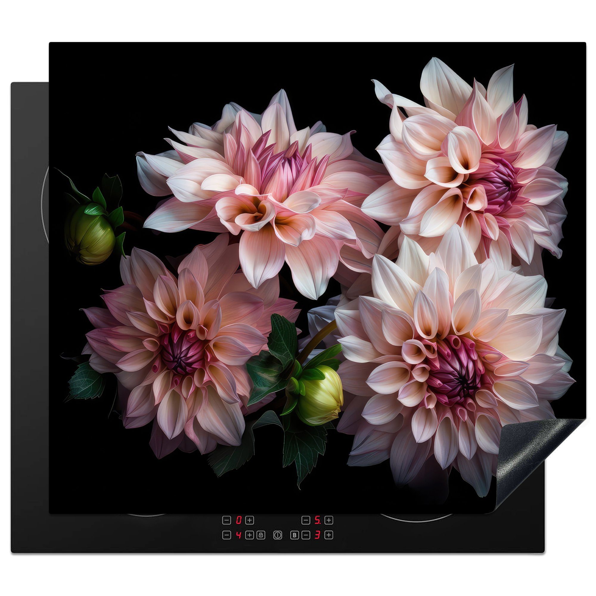 MuchoWow Herdblende-/Abdeckplatte Dahlie - Weiß - Blumen - Rosa - Natur, Vinyl, (1 tlg), 60x52 cm, Mobile Arbeitsfläche nutzbar, Ceranfeldabdeckung
