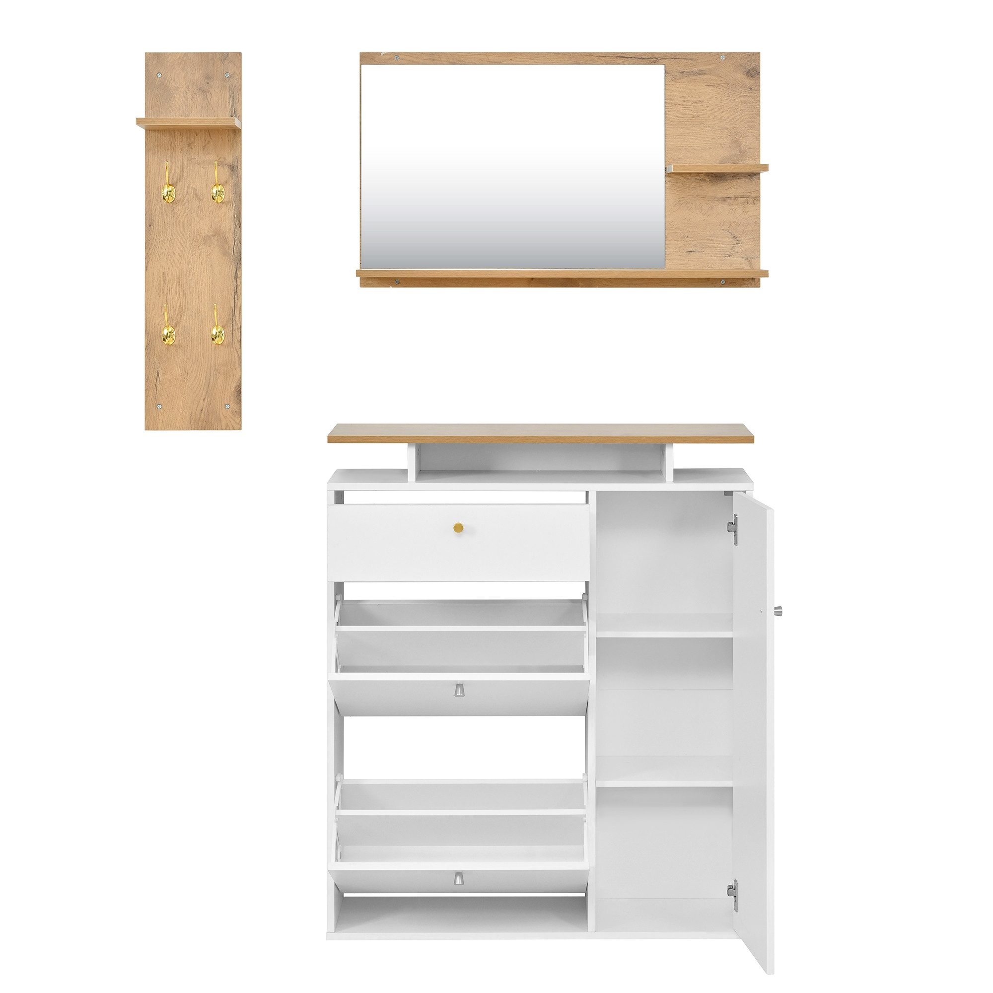 Flieks Garderoben-Set Schuhschrank mit LED, Wandregal mit Kleiderhaken, Spiegel mit Ablagen, (3-St), Flurmöbel-Set Weiß&Holzoptik, Schuhkommode mit Klappen und  – Bild 5 von 5
