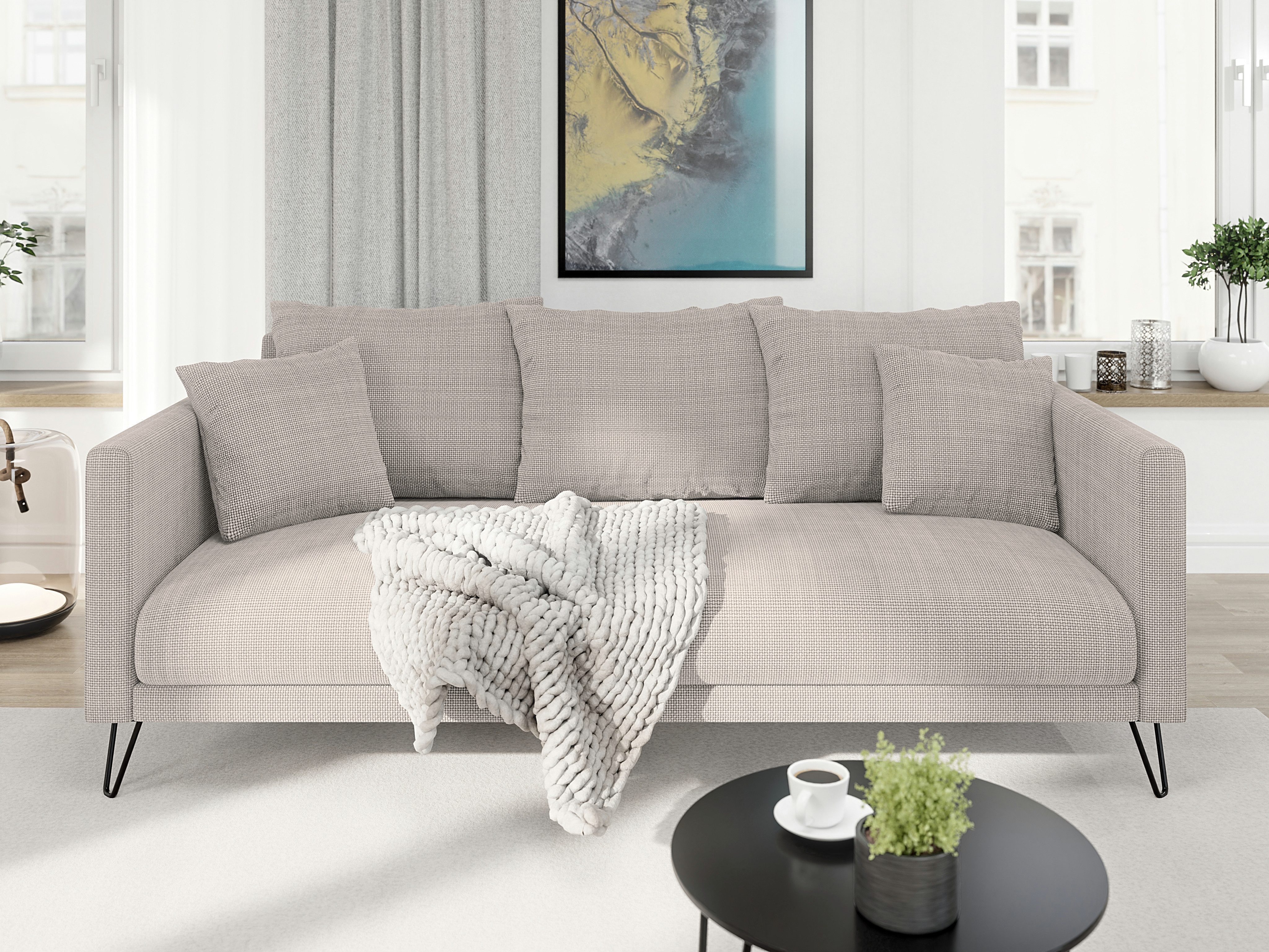 S-Style Möbel 3-Sitzer Sofa Harmony aus Chenille-Stoff mit Hohen Schwarzen Metallfüßen, mit Wellenfederung