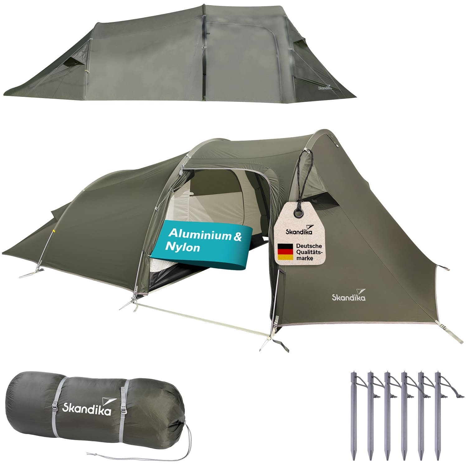 Skandika Tunnelzelt Trekkingzelt Oteren, Ultraleicht, Schneller Aufbau, Personen: 3 (Dimensionen 415×215×120cm, nur 3,1 kg, Aluminiumrahmen und Heringe), kleines Packmaß, wasserdicht, 3000 mm Wassersäule, Tunnelzelt