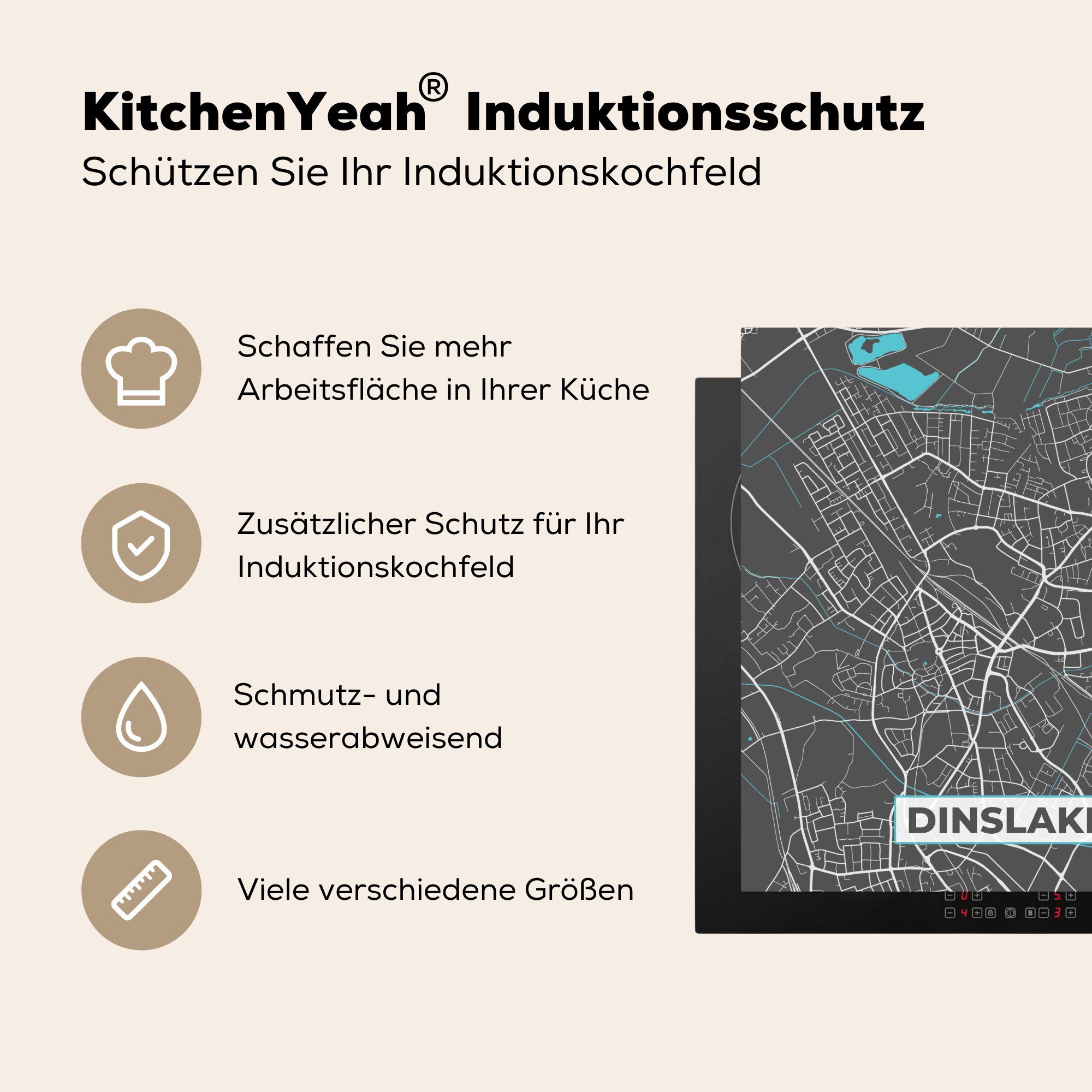 - (1 Ceranfeldabdeckung, Karte, 78x78 Stadtplan - Arbeitsplatte cm, MuchoWow Dinslaken tlg), - - Blau Vinyl, Deutschland Herdblende-/Abdeckplatte für küche